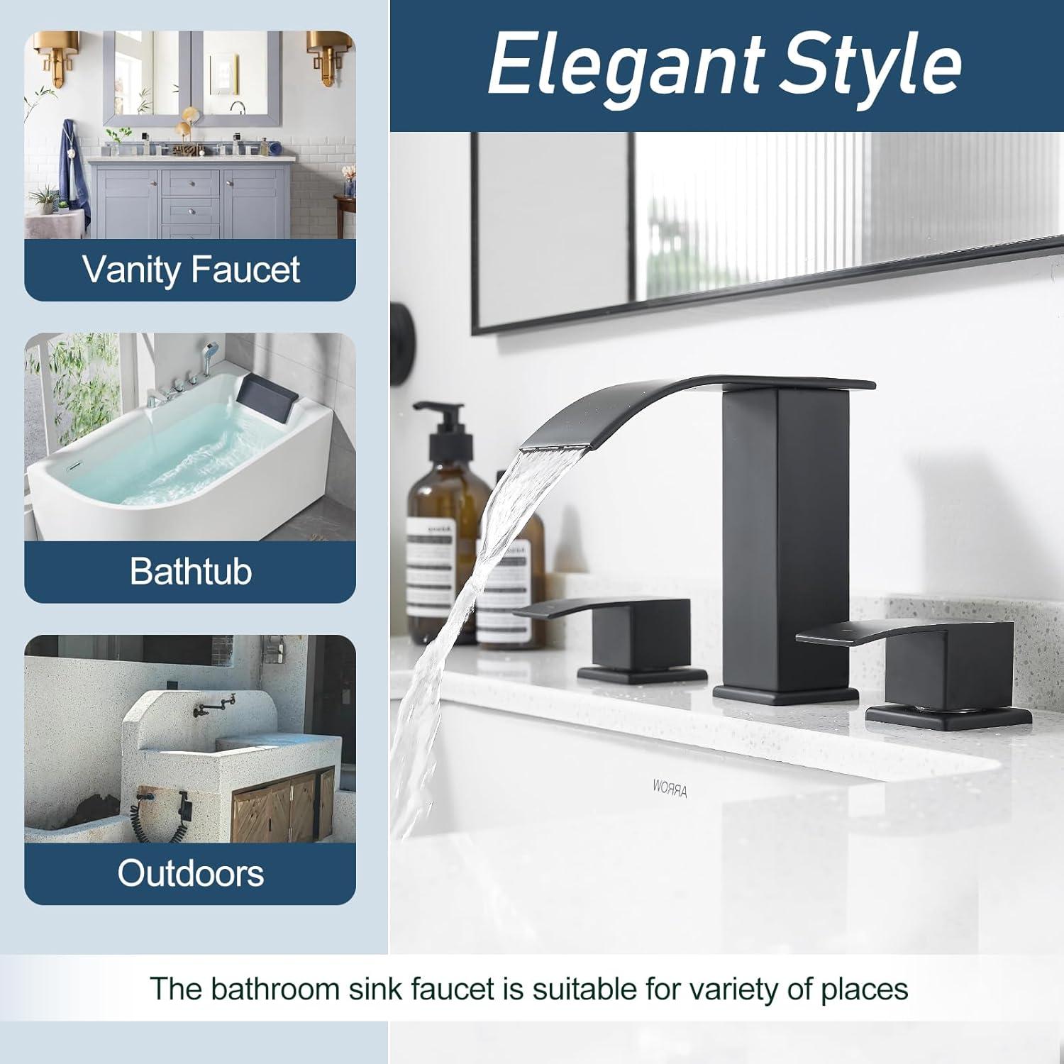 Matte Black Modern Waterfall 3-Piece Bathroom Faucet Set