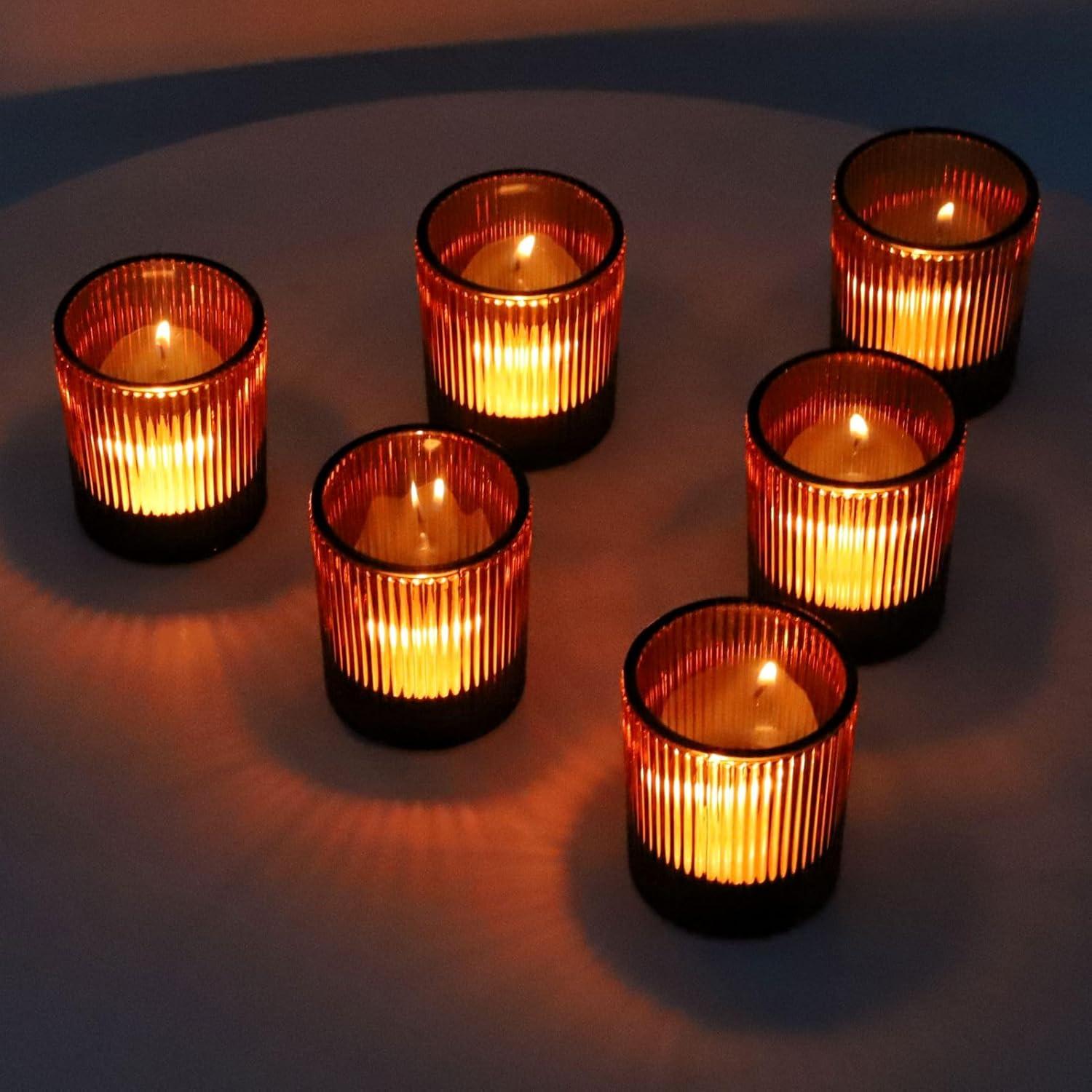 Amber Ribbed Glass Votive Candle Holders, Set of 12