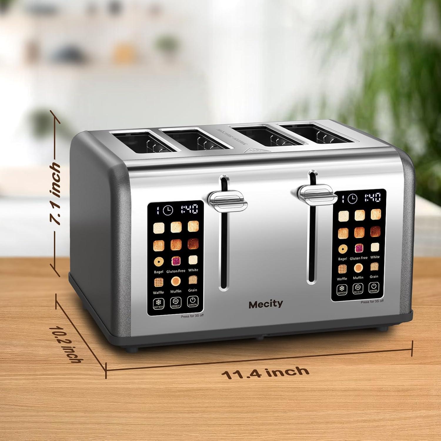Mecity 4-Slice Touchscreen Toaster, Stainless Steel, Countdown Timer, 6 Browning & Shade Settings, 4 Wide Slots, Reheat/Cancel/Defrost Functions, Removable Crumb Tray, Gray