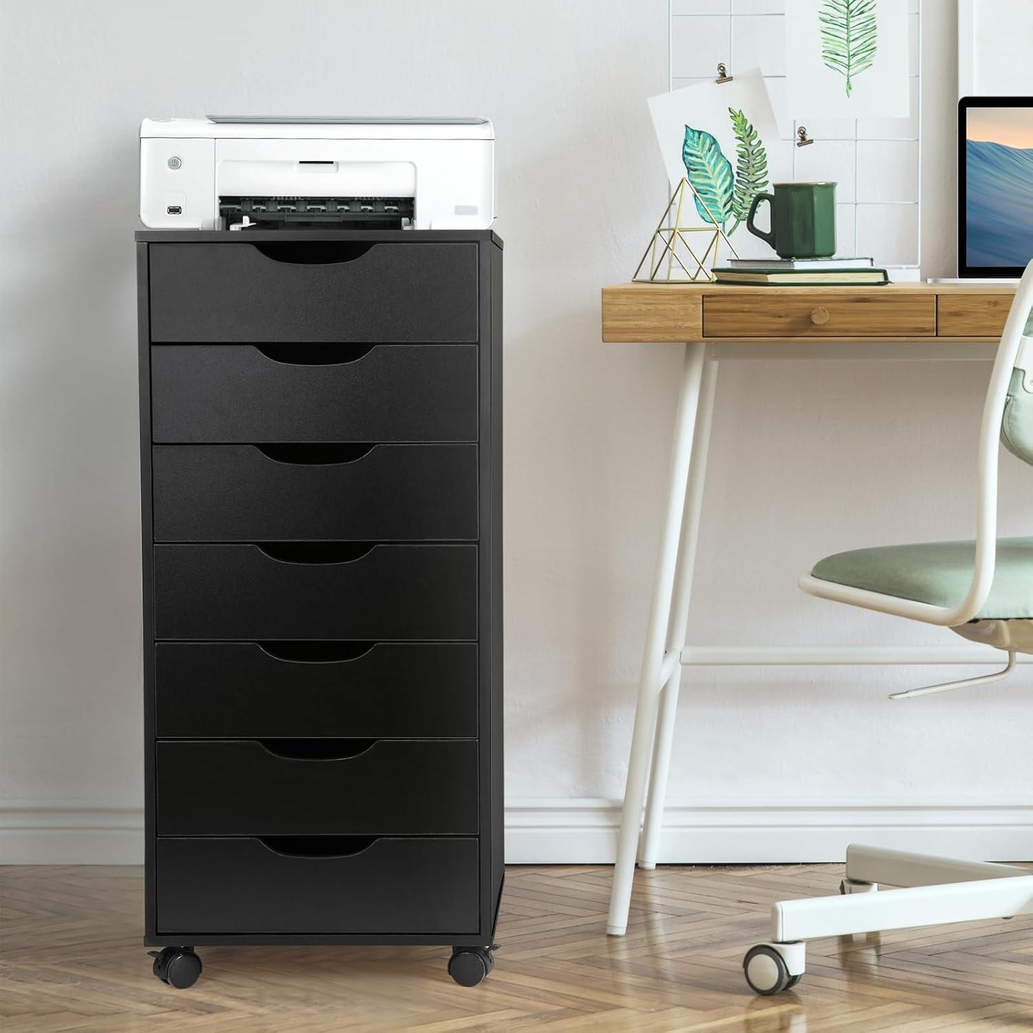 HeSLehs 7-Drawer Organizer, Tall Chest of Drawers with Caster Wheels, Alex Drawers File for Home Office, White