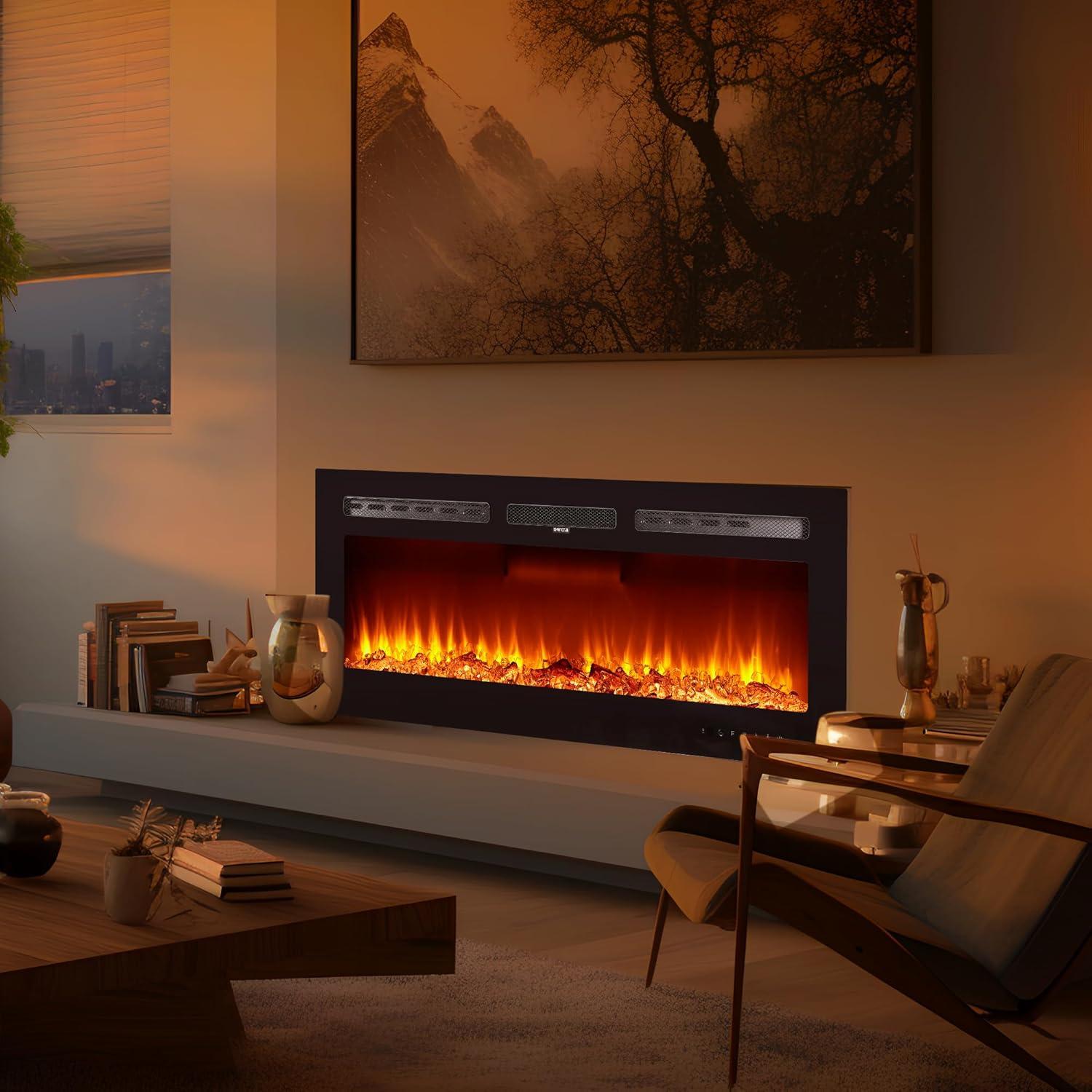 50" Black Tempered Glass Electric Wall-Mounted Fireplace