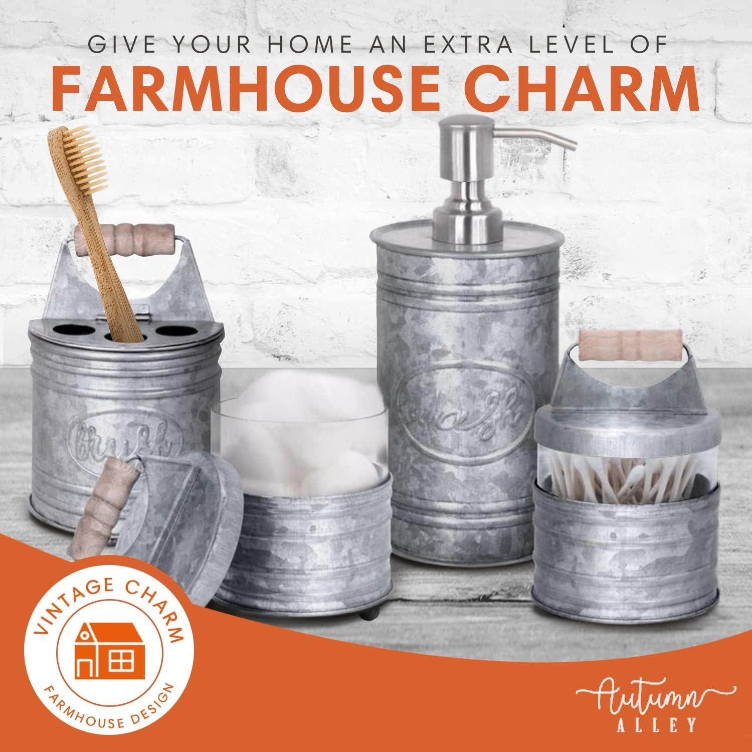 THE GLAMOUR BOUTIQUES Rustic Bathroom Accessories Set 4 - Galvanized Soap Dispenser, Rustic Toothbrush Holder, 2 Apothecary Jars Qtip Holder - Rustic Bathroom Decor – Farmhouse Bathroom Accessories