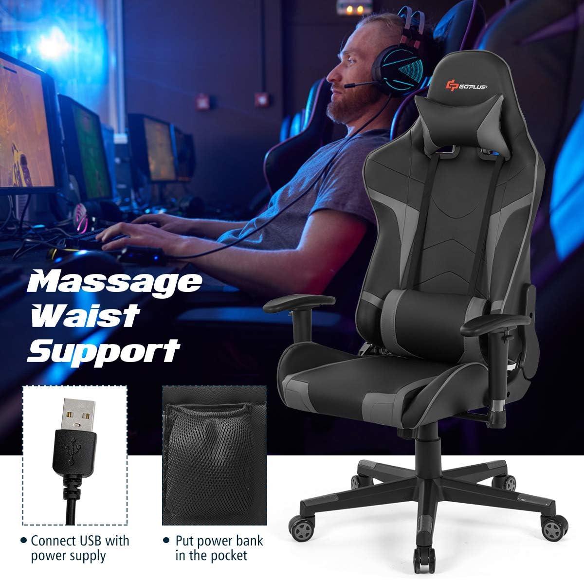 Costway Massage Gaming Chair Reclining Swivel Racing Office Chair w/Lumbar Support Grey