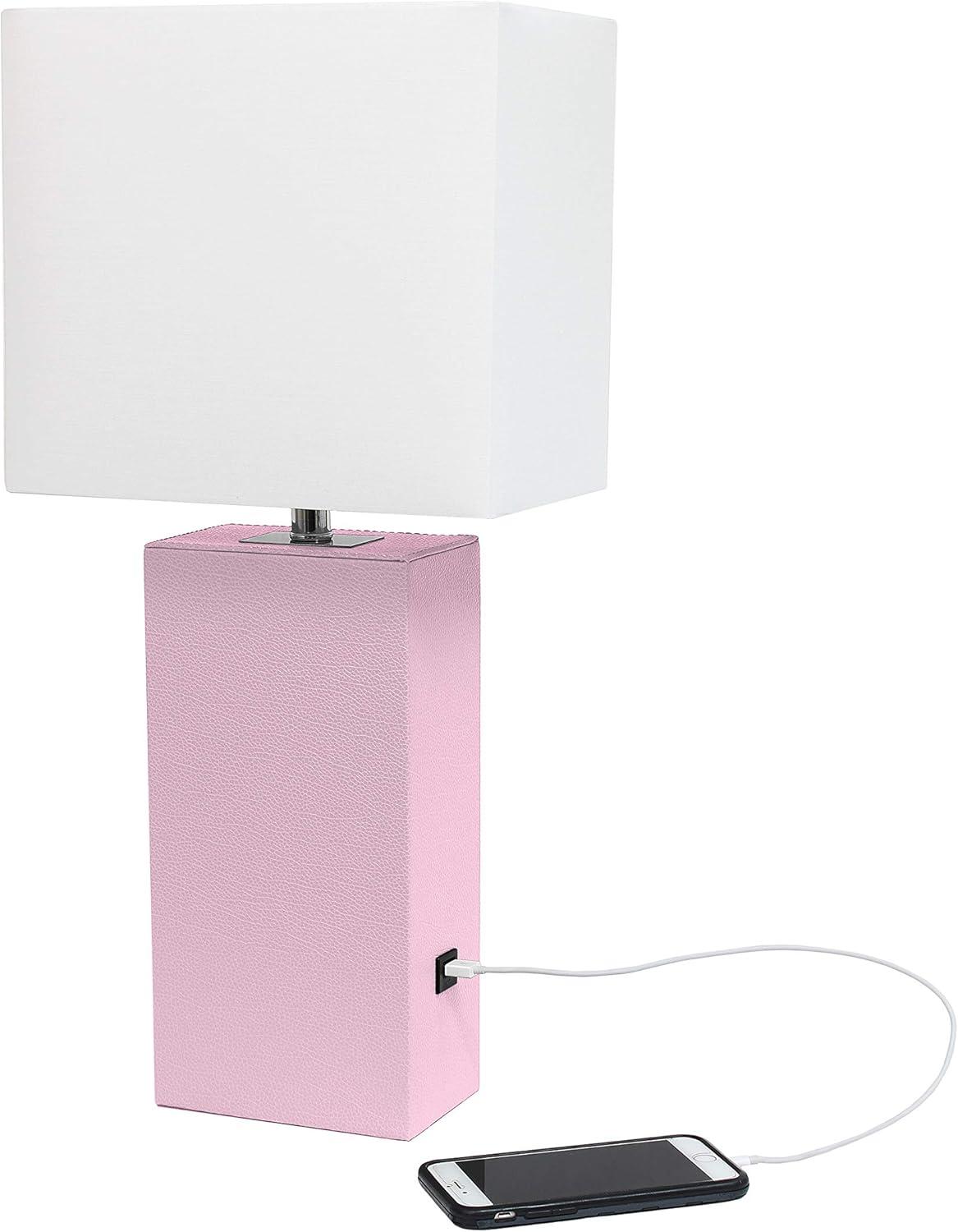 Modern Leather Table Lamp with USB and Fabric Shade - Elegant Designs