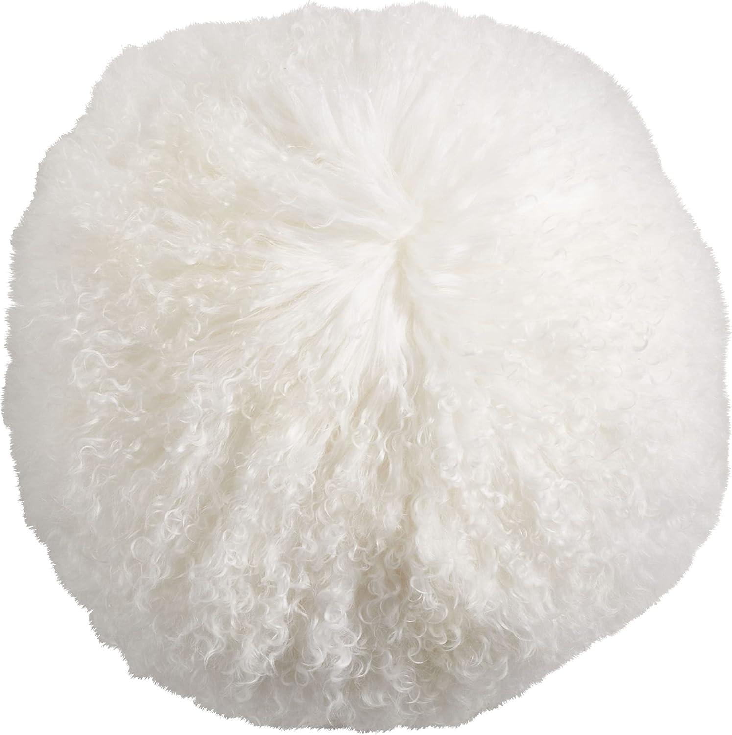 Ivory Round Wool Mongolian Lamb Fur Throw Pillow 13"