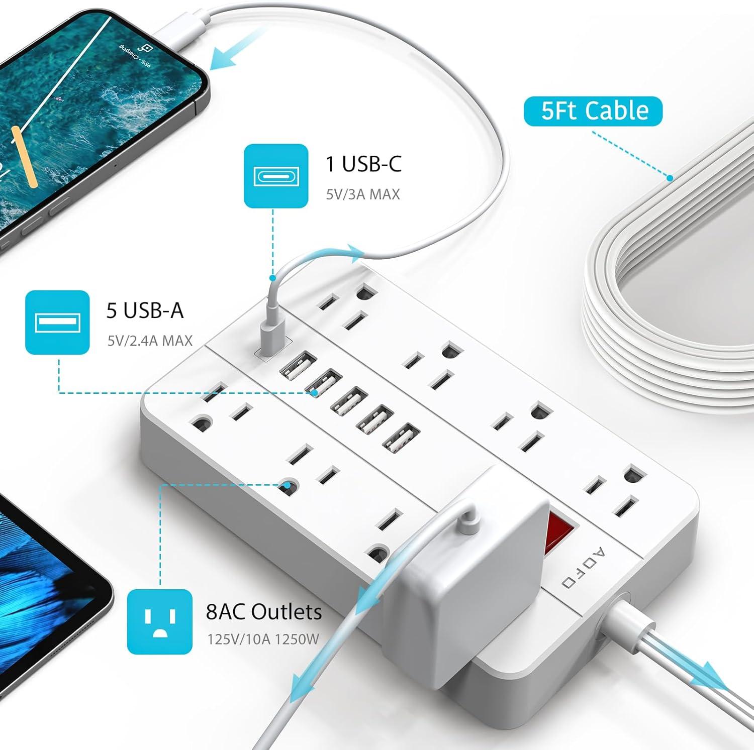 White 5 ft Power Strip with 8 Outlets and 6 USB Ports