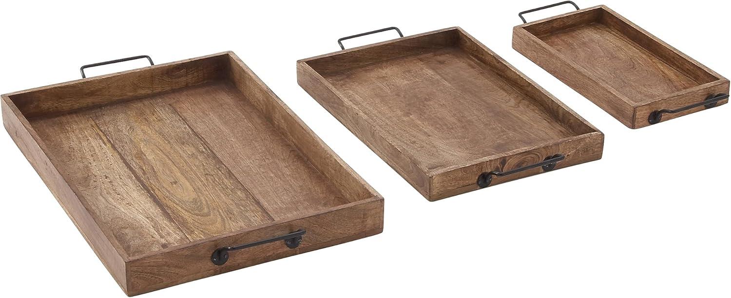 Set of 3 Farmhouse Slat Style Mango Wood and Iron Trays Brown - Olivia & May: Ottoman, Basket Design, 24-Inch