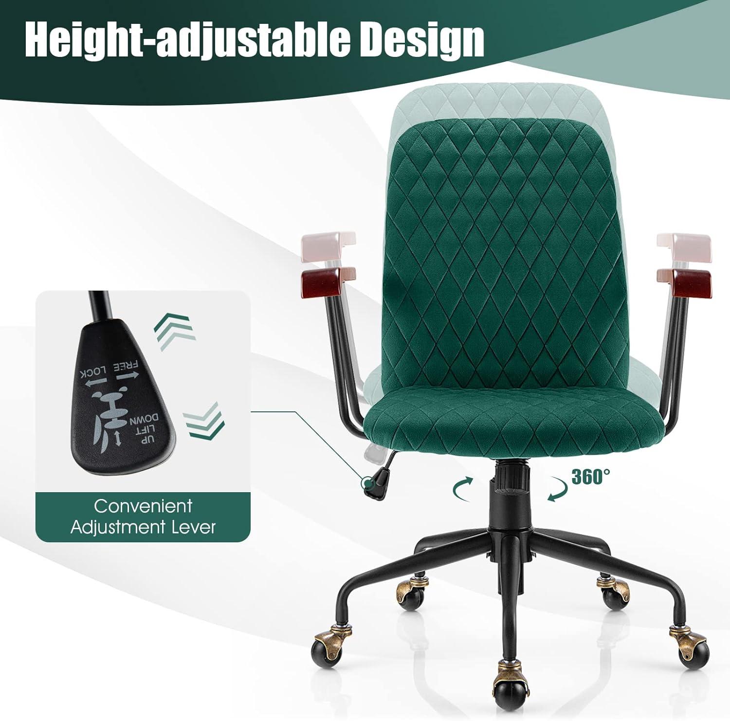 Costway Velvet Home Office Chair Swivel Adjustable Task Chair w/ Wooden Armrest