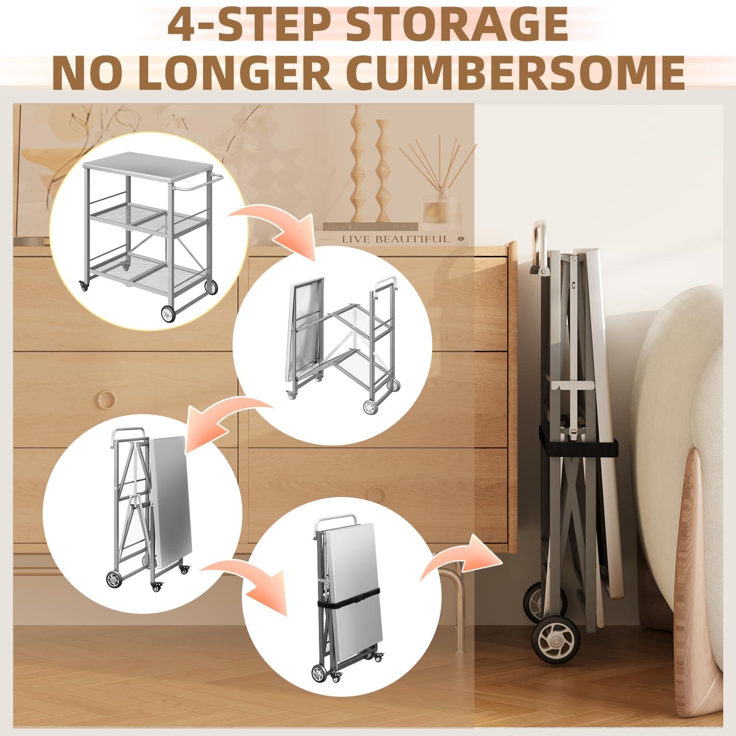 AECOJOY Outdoor Grill Table, Stainless Steel Pizza Oven Stand 3-Tier Folding BBQ Prep Table with Casters, Portable Kitchen Island for Apartment, Studio & Backyard Cooking, Gray