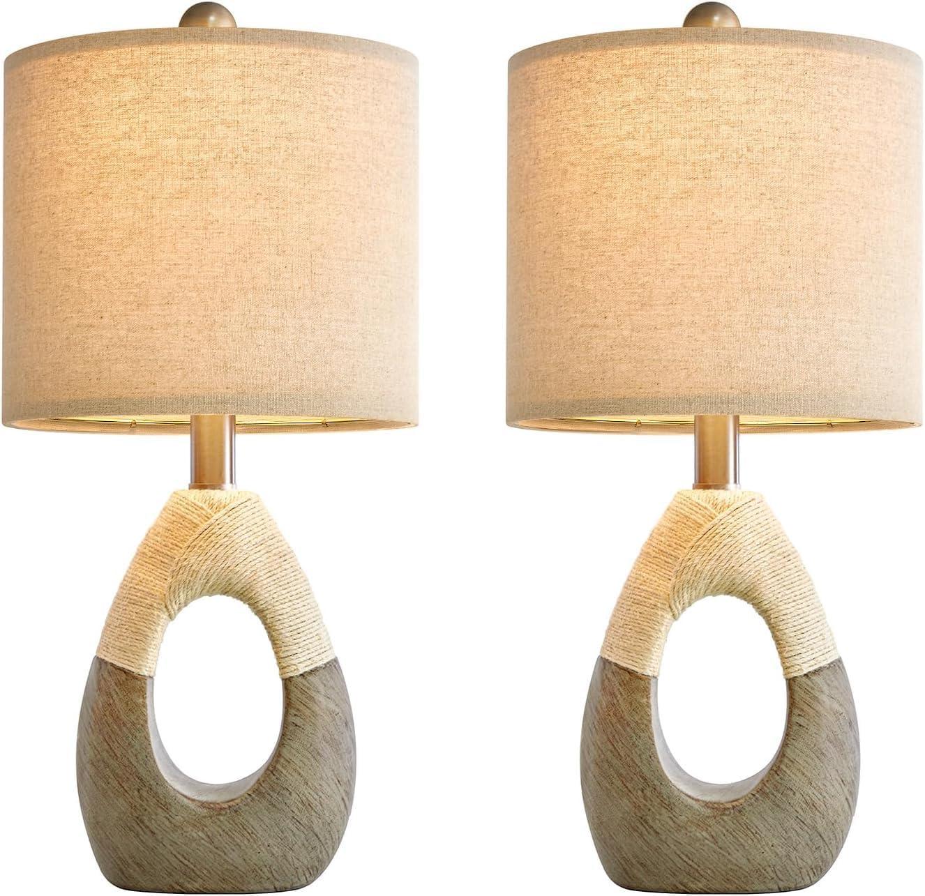 OYEARS 19” Boho Table Lamps Bedroom Living Room Set 2,Suitable for Small Space,Small Farmhouse RattanTable Lamp Rustic Egg Design Resin Light Decoration,Nightstand Bedside Lamps for Office Study Rest