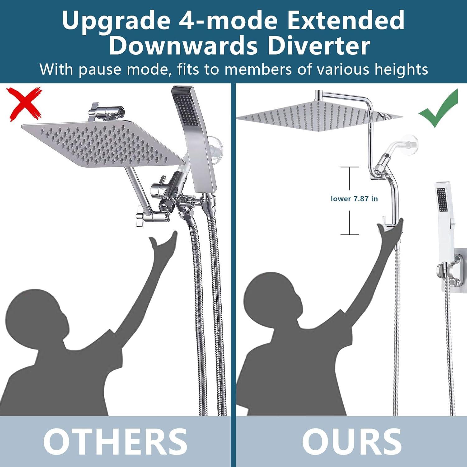 PDPBath All Metal 12'' Rainfall Shower Head with Handheld Combo, Upgrade 3-Way Diverter with Pause Setting, High Pressure Rain Shower Head with Z-shaped Extension Arm, 59" Hose, Brushed Nickel