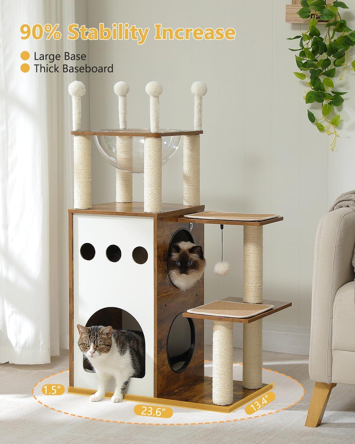 Ivy Bronx Modern Cat Tree Cat Tower With 2-Floor Condo, Scratching Posts, Capsule Nest & Dangling Balls