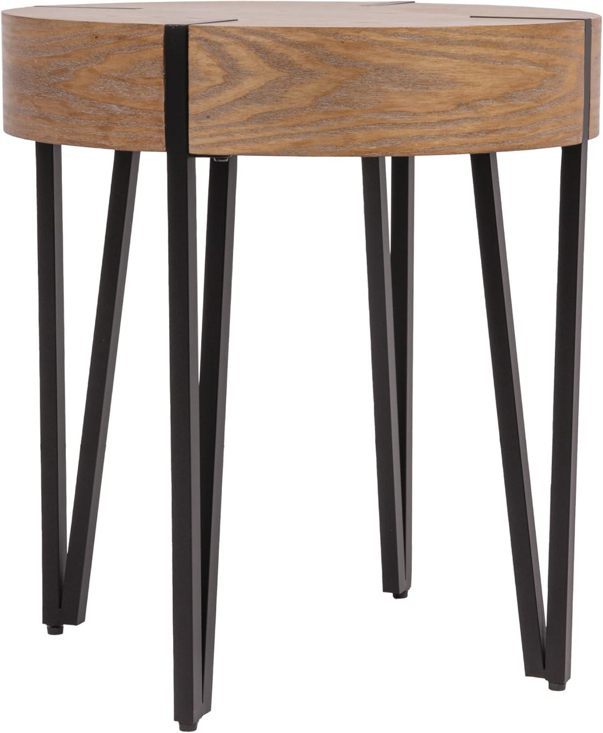 Storied Home Astoria Wood End Accent Table Natural/Black: Iron Hairpin Legs, Pacific Northwest Inspired, Round Shape