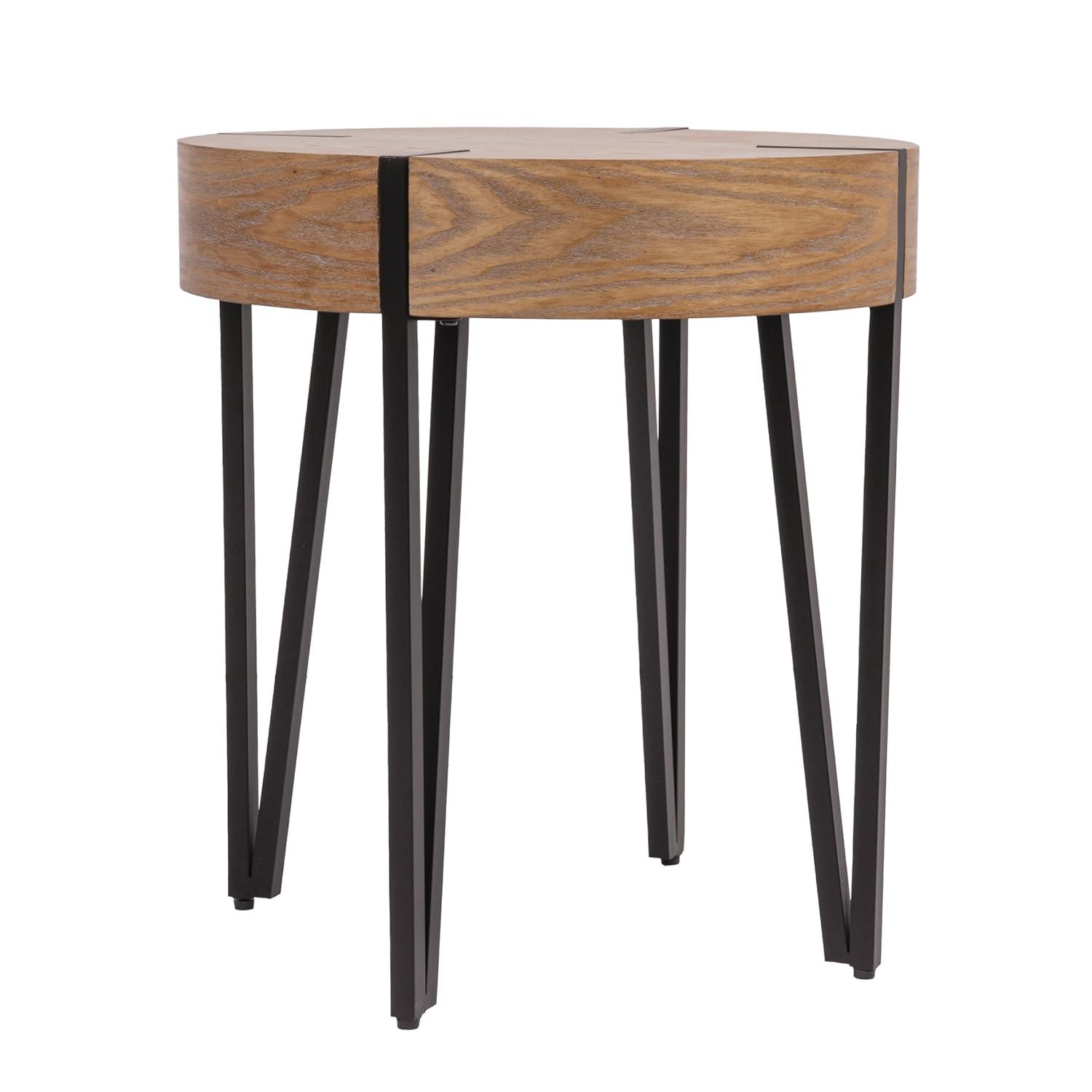 Storied Home Astoria Wood End Accent Table Natural/Black: Iron Hairpin Legs, Pacific Northwest Inspired, Round Shape