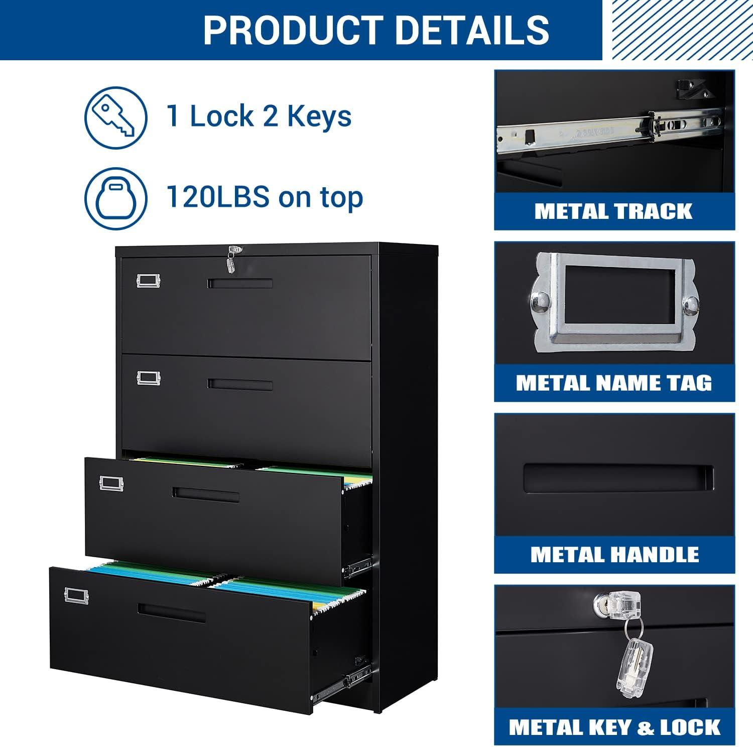 Letaya File Cabinets,4 Drawer Metal Lateral Filing Organization Storage Cabinets with Lock,Home Office for Hanging Files Letter/Legal/F4/A4 Size (Require Assembly)