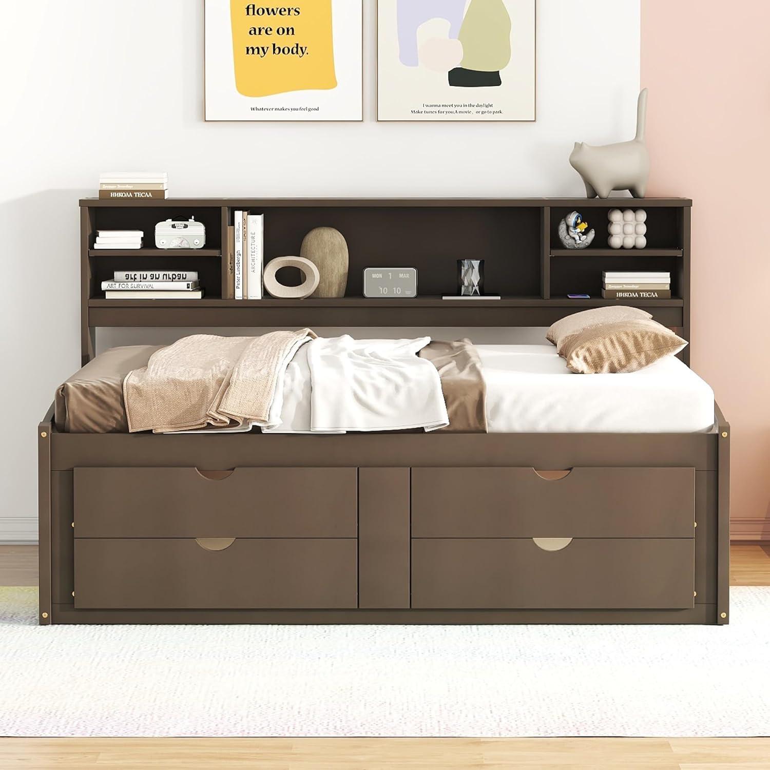 Harper & Bright Designs Full Size Storage Daybed with 4 Drawers, Bookcase and 2 Bedside Cabinets, Solid Wood Full Captain’s Bed Frame for Kids Teens Adults, No Box Spring Needed (Antique Brown)