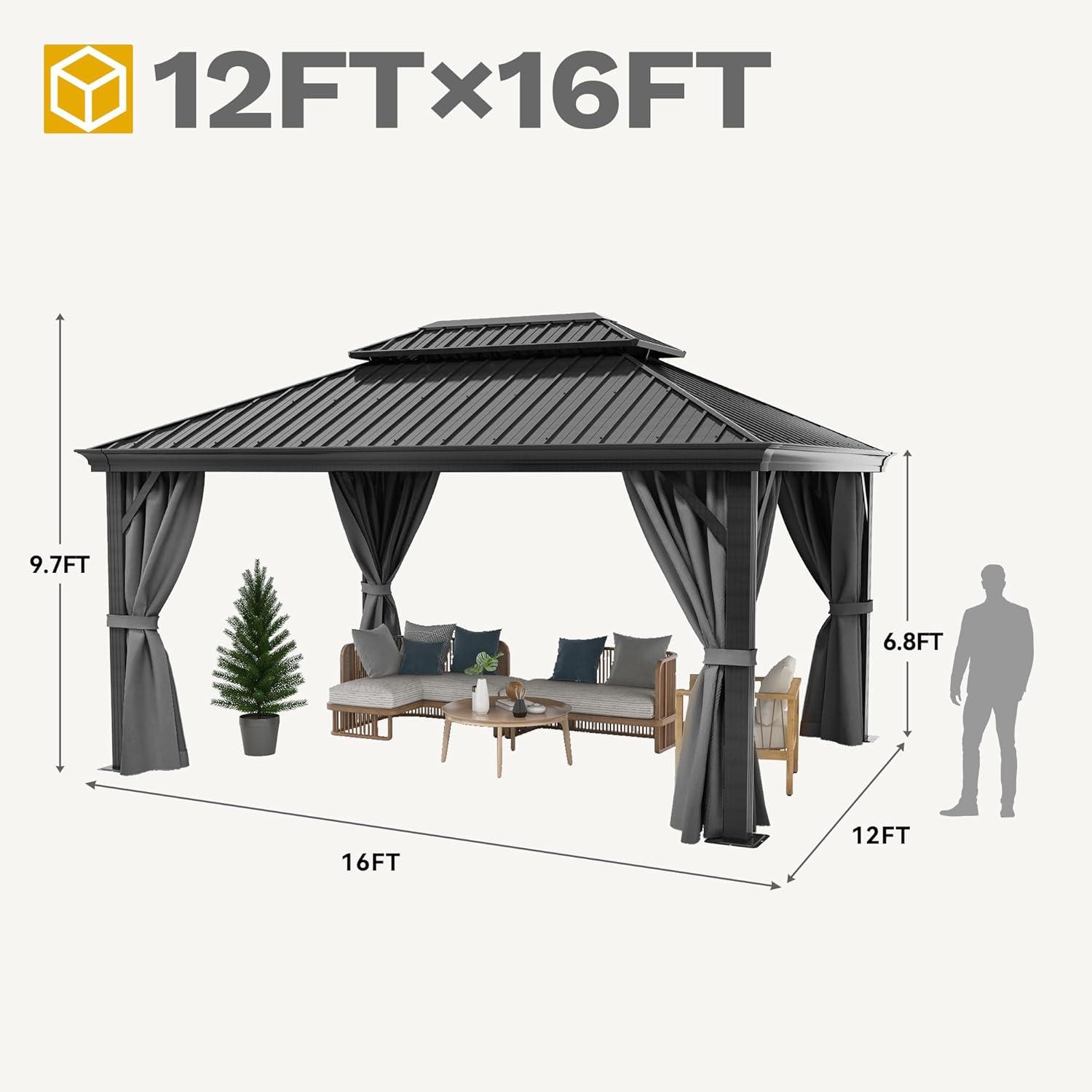 Kozyard Kozyard Alexander Gray Double Roof Hardtop Gazebo with Privacy Curtain Mosquito Netting