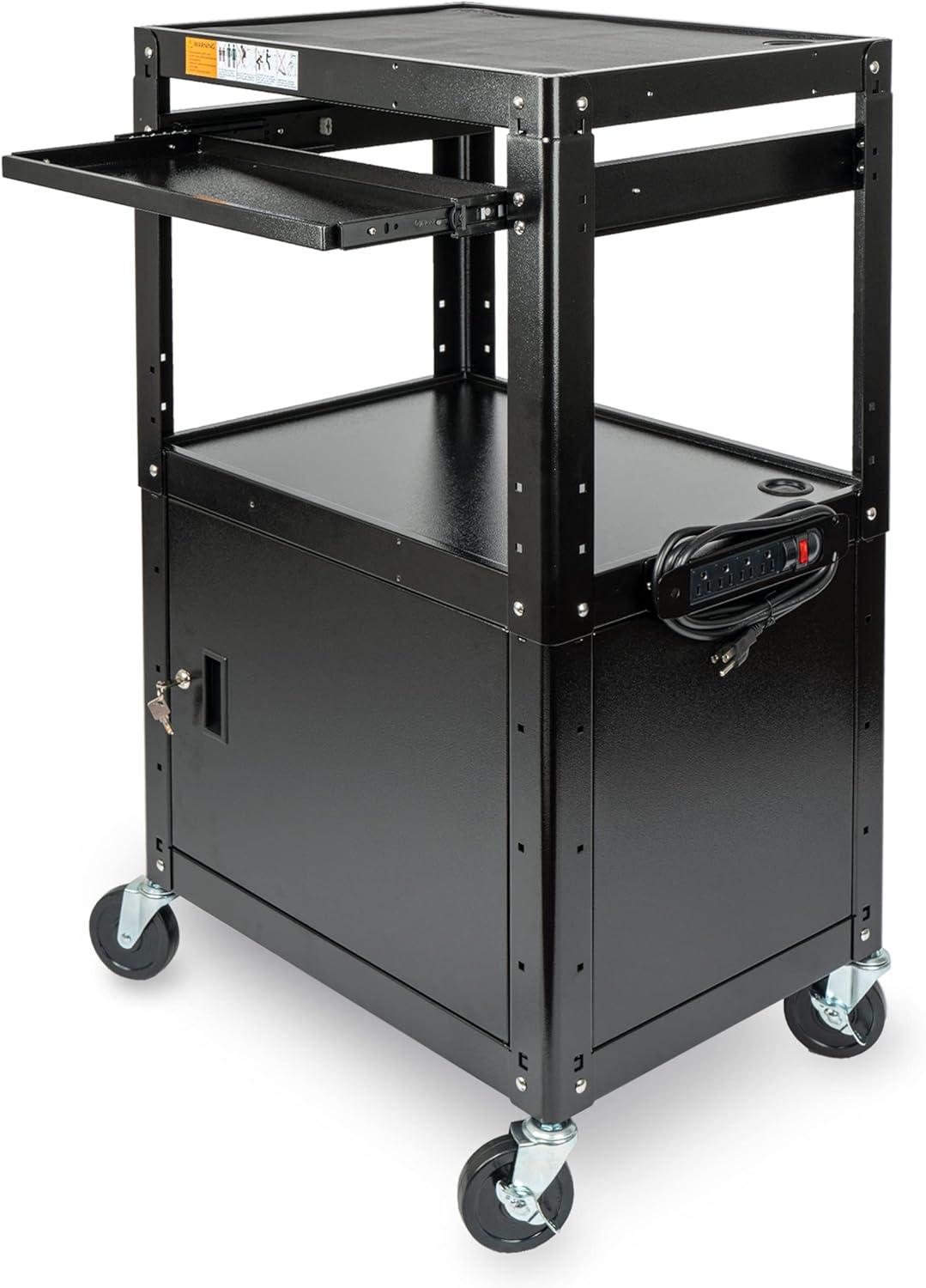 Adjustable Black Steel AV Cart with Locking Cabinet and Power Strip