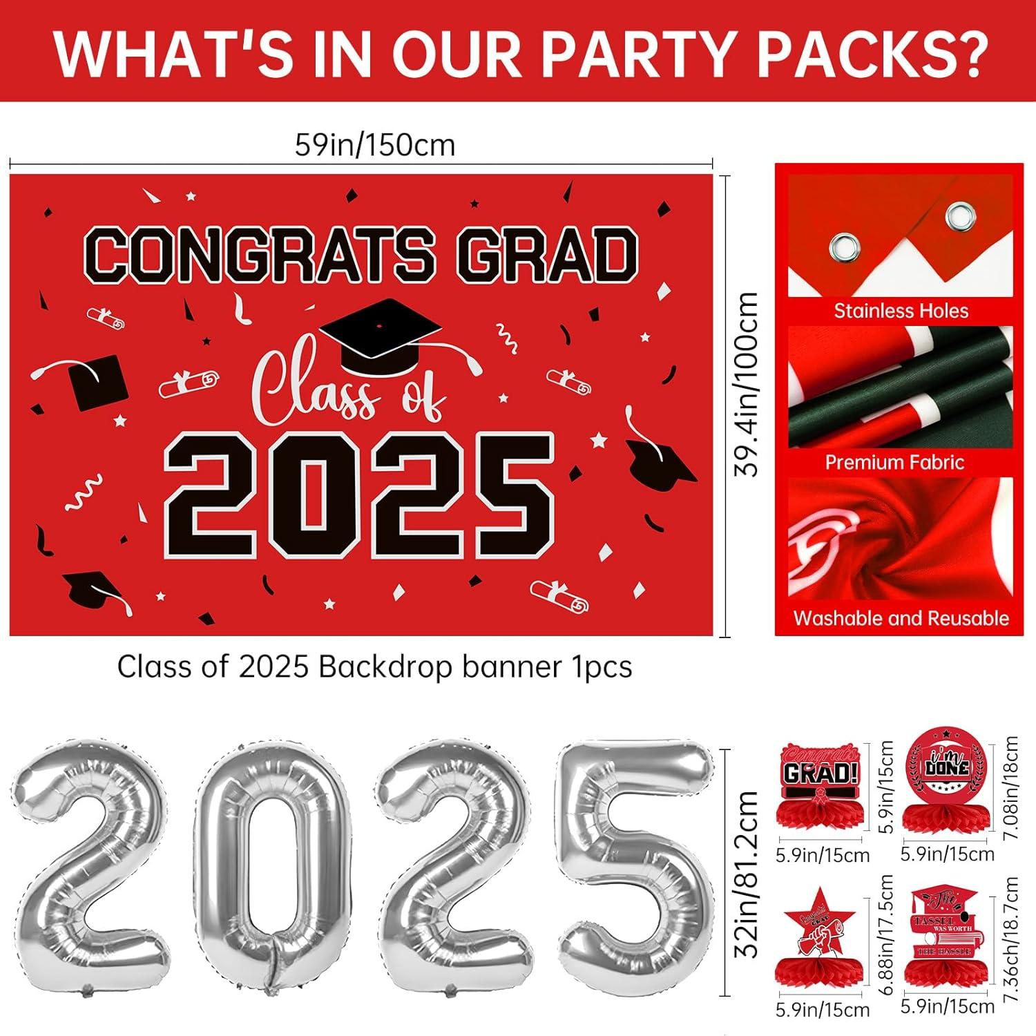 Graduation Party Decorations Class of 2025 Graduation Party Supplies Congrats Grad Banner Class of 2025 Backdrop, Paper Pompoms, Balloons for Congrats Grad Party Decorations (Burgundy-Gold)