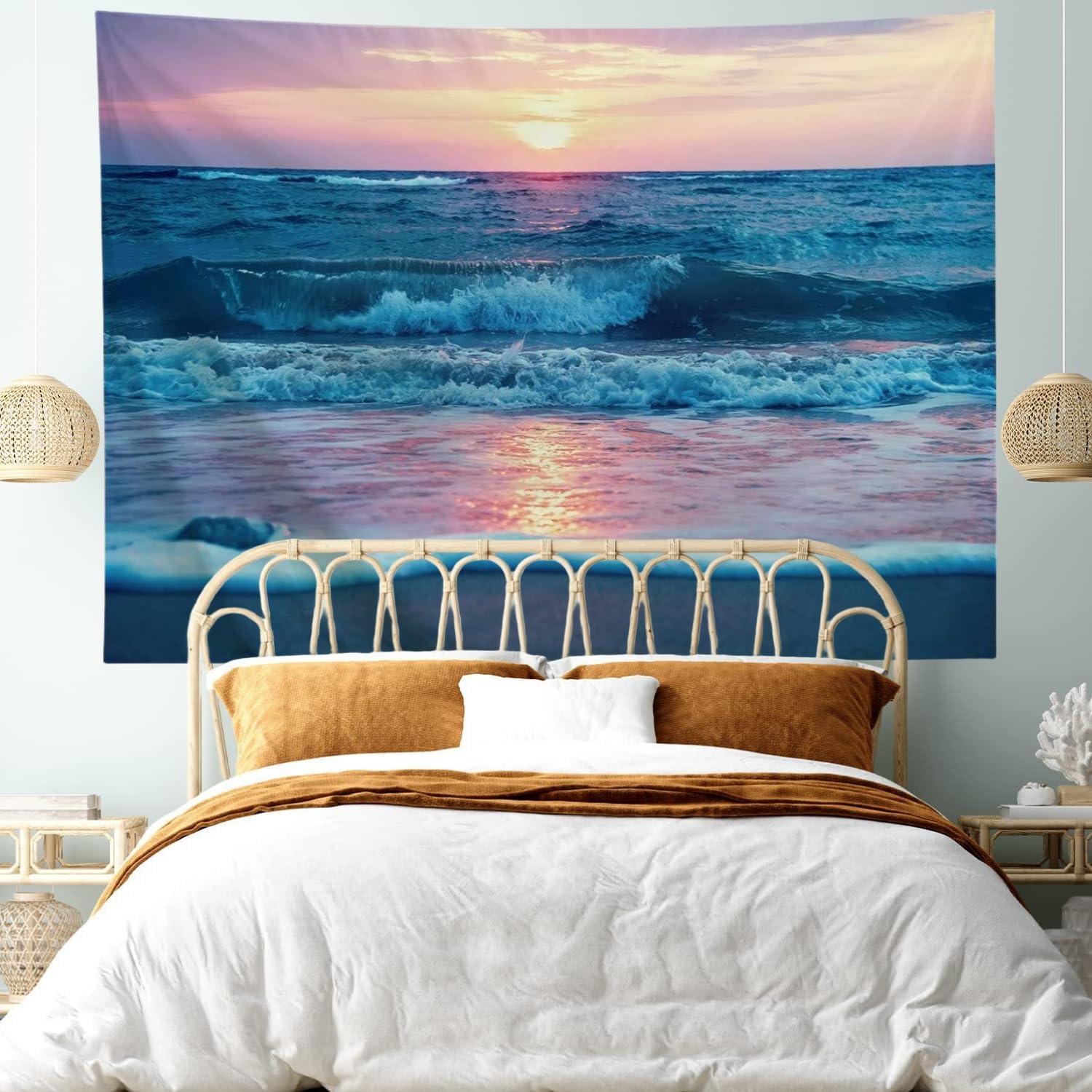 Creowell  Ocean Tapestry Wall Hanging, Sea Beach Wave Sun Cloud Landscape Scenery Nature Wall Art [Double-Folded Hems] Bohemian Home Decor for Bedroom, Dorm, College, Living Room 60x50inch