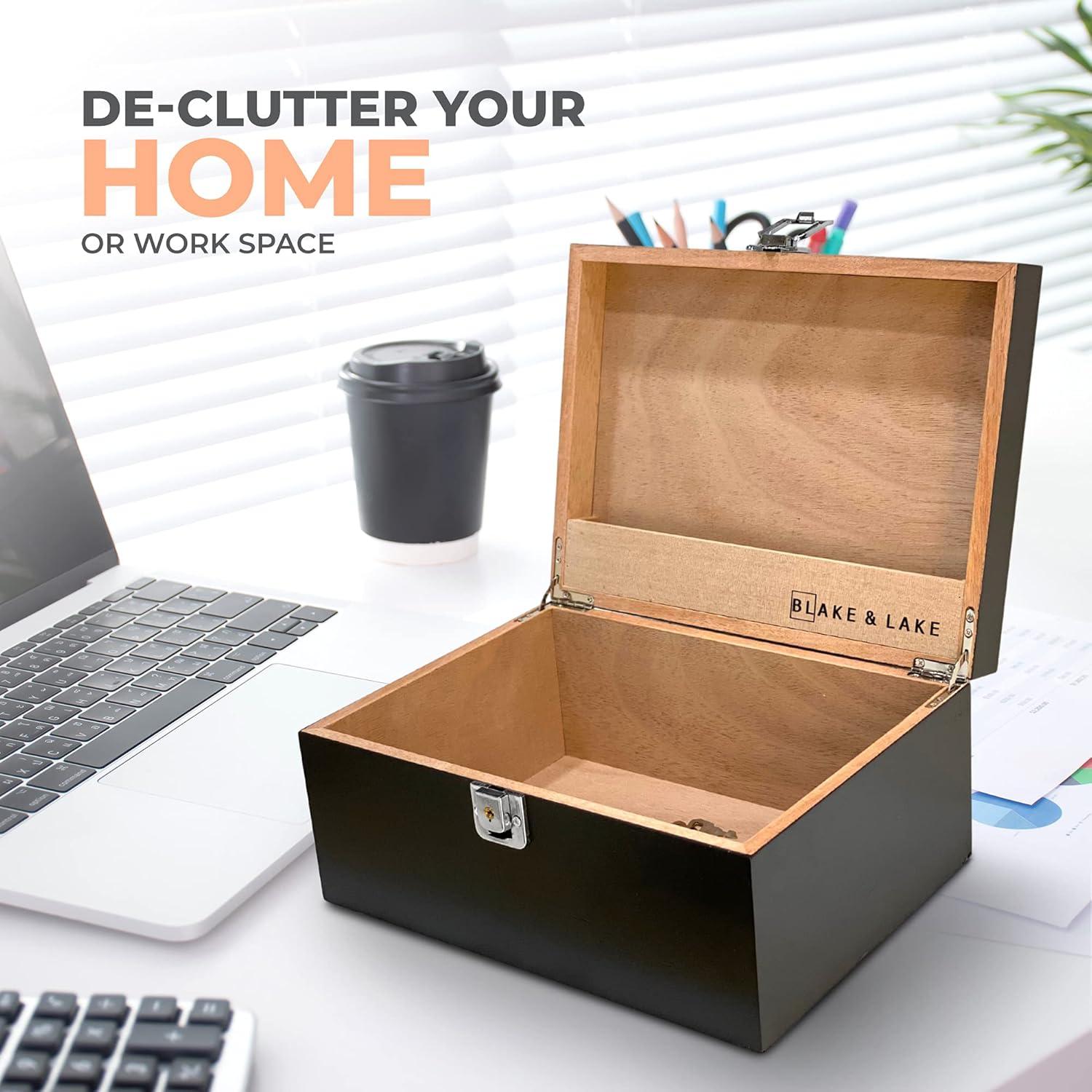 Black Wooden Storage Box with Hinged Lid and Locking Key- Large Keepsake Box with Lock - Wood Chest with Matte Finish - Store Jewelry Keepsakes Photos Gift Boxes (Black)