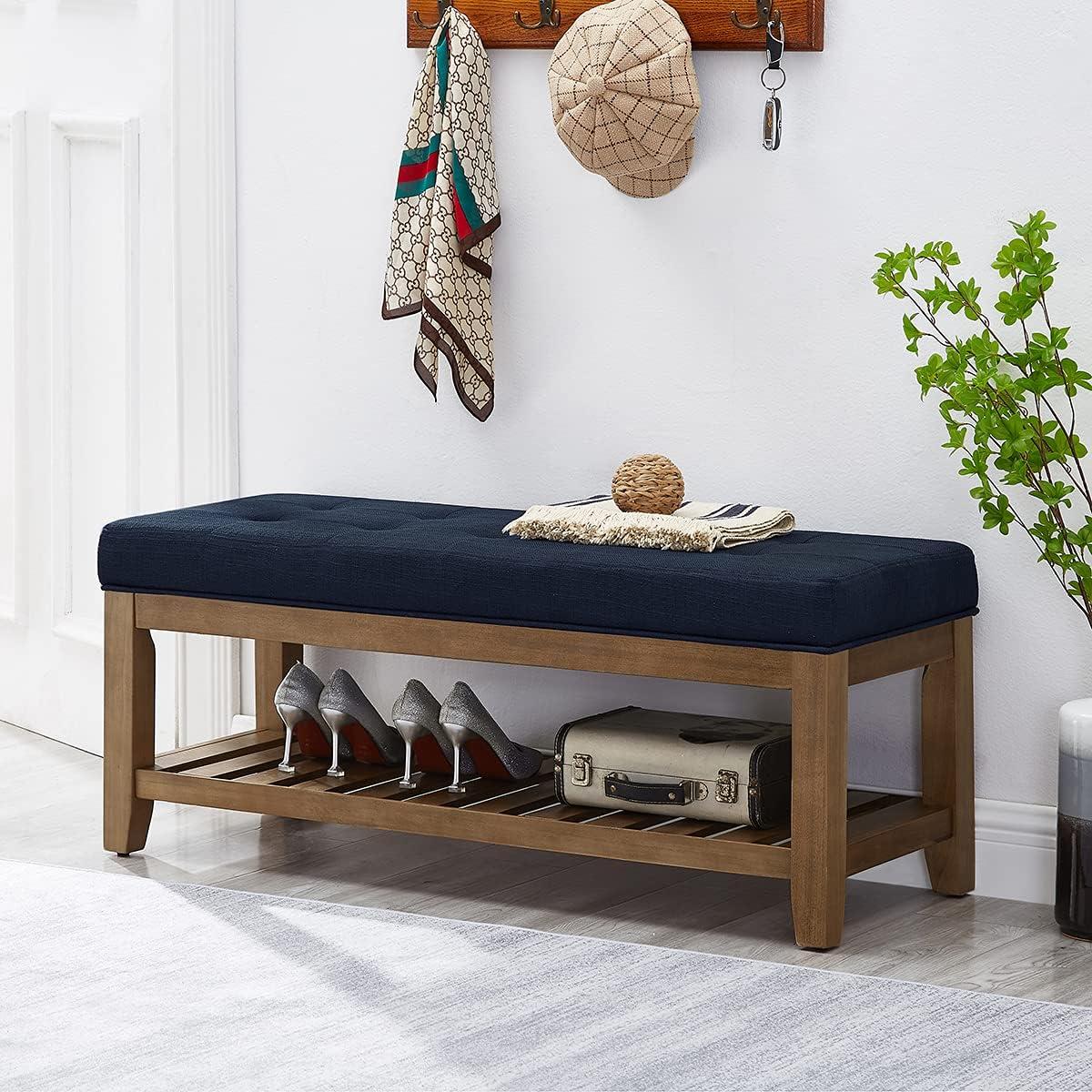 Navy Blue Tufted Linen Upholstered Bench with Wood Shelf