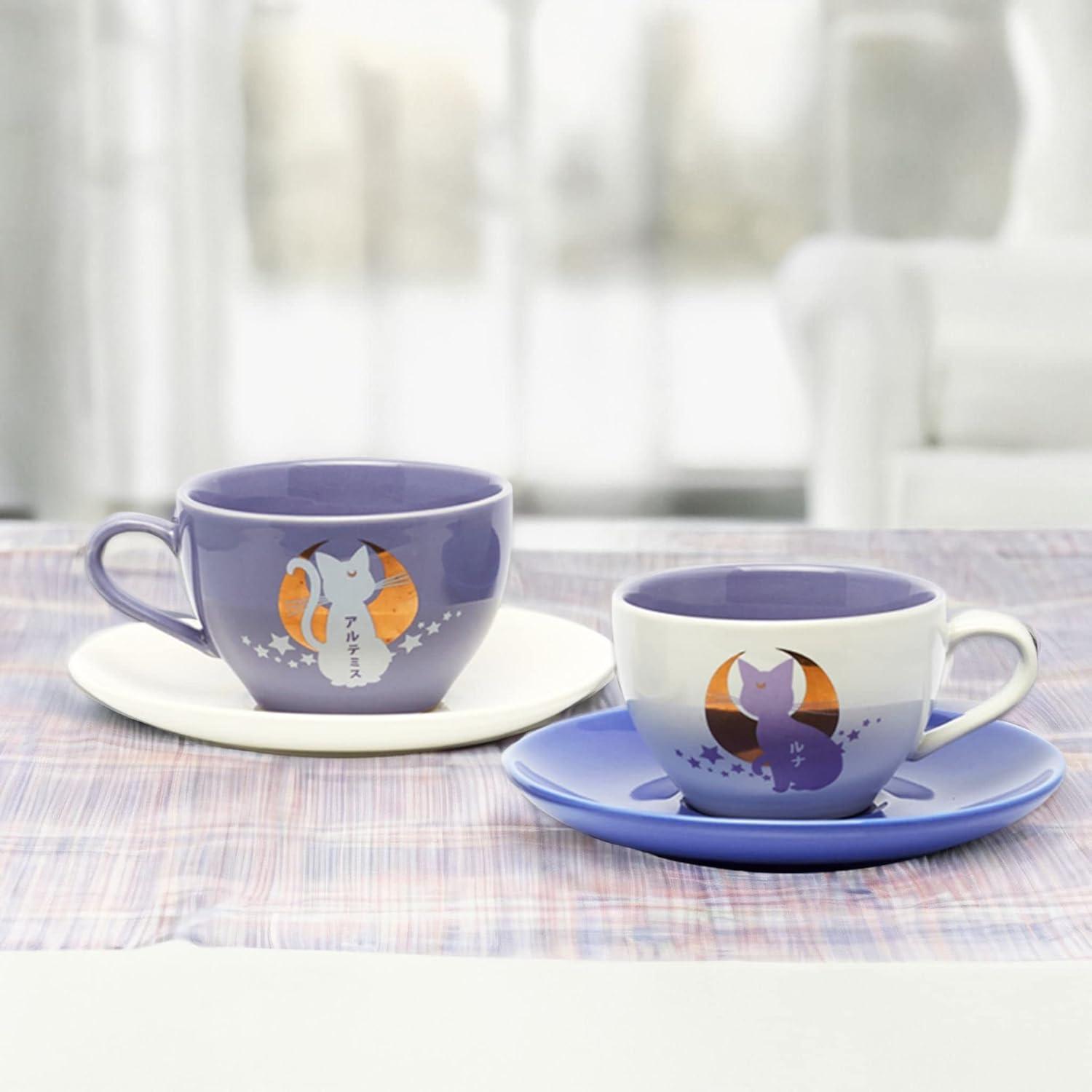 Sailor Moon Anime Manga Luna and Artemis 4 PC Tea Cup Set 6.7 oz 2 Saucers 2 Cups Multicoloured