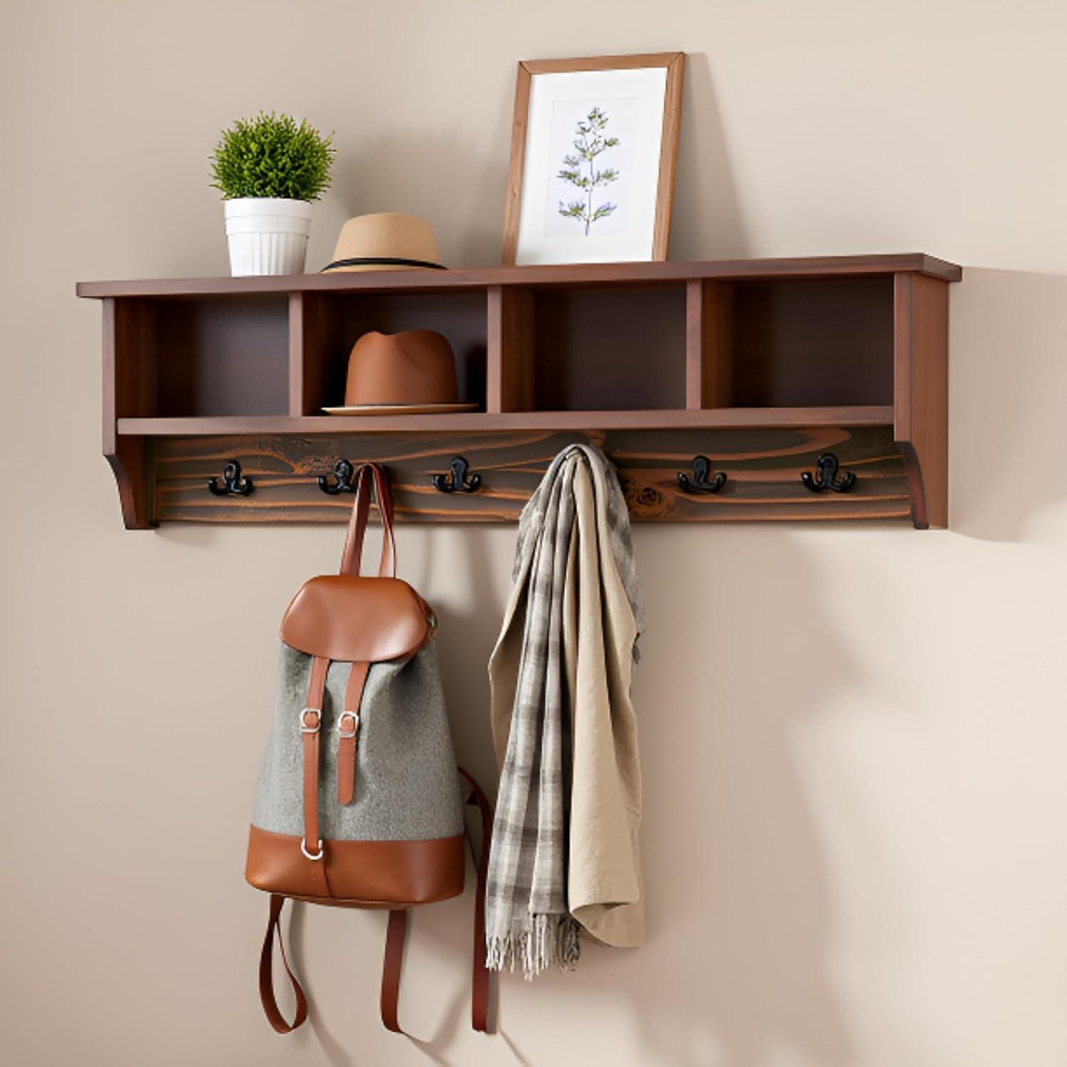 Alaterre Furniture Pomona Industrial 48 in. Solid Wood & Metal Coat-Rack With 6 Strong Coat Hooks and 4 Cubbies