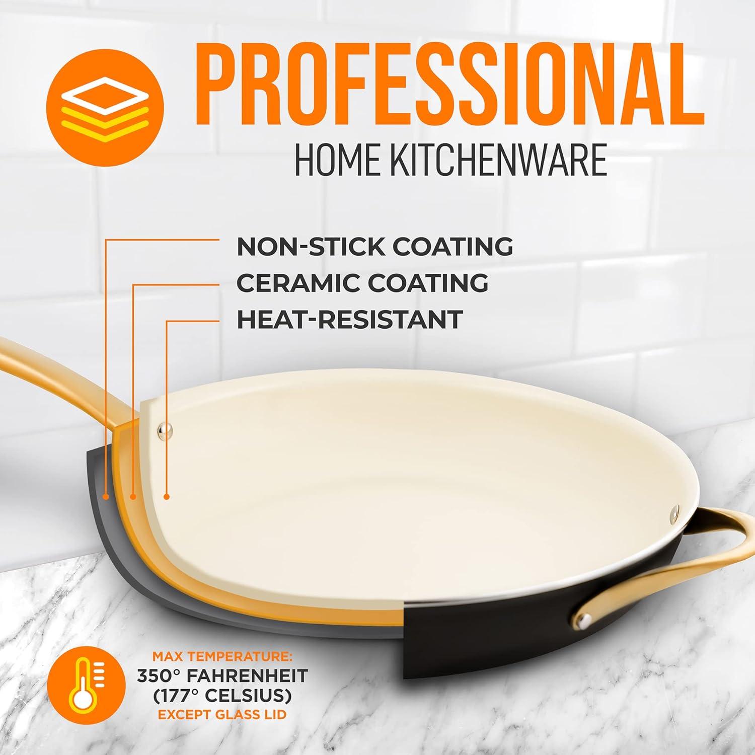 NutriChef 14" Extra Large Fry Pan - Skillet Nonstick Frying Pan with Golden Titanium Coated Silicone Handle, Ceramic Coating