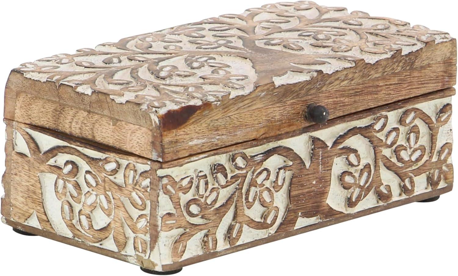 DecMode Floral Brown Mango Wood Decorative Box with Hinged Lid, 3 Count