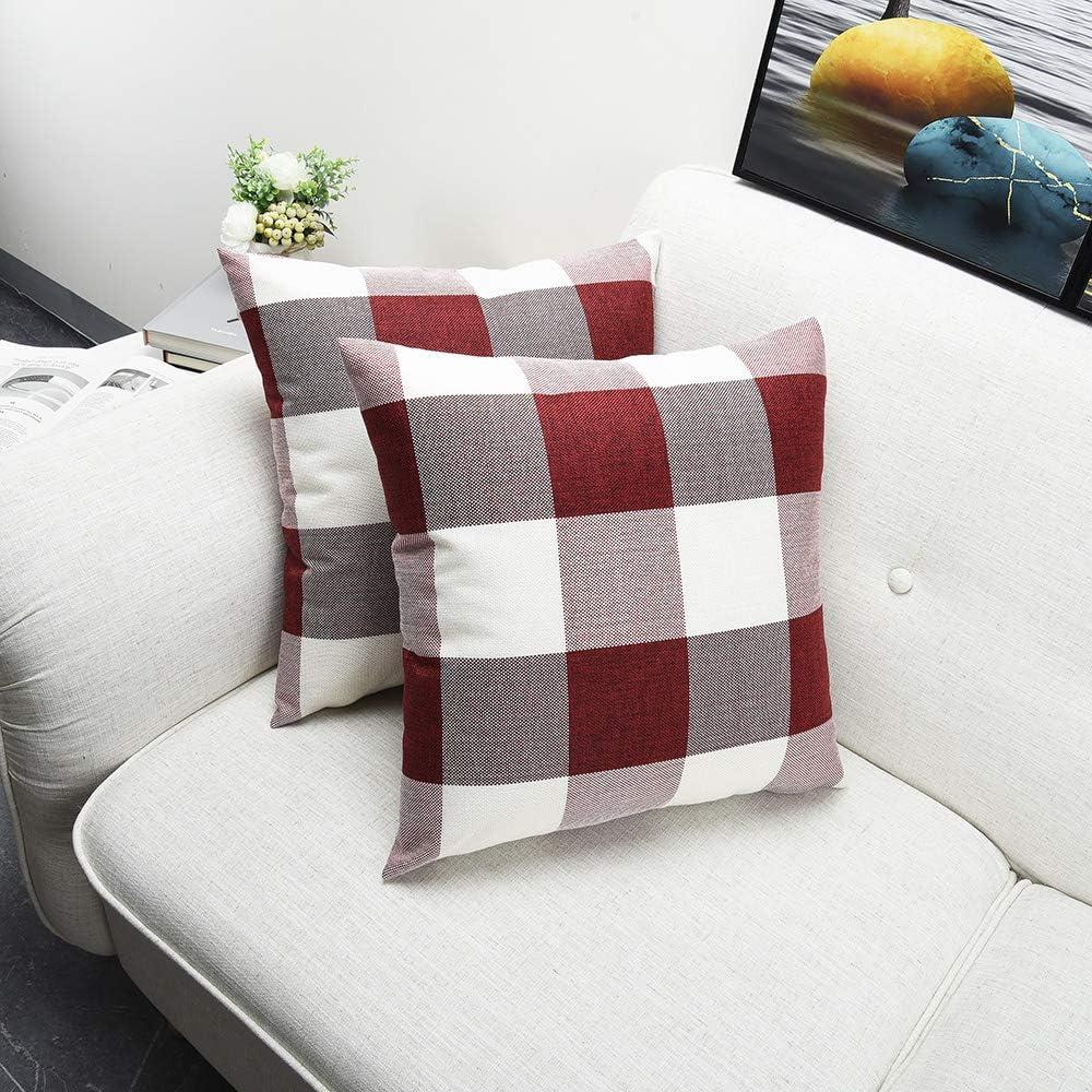 Set of 2 Farmhouse Buffalo Check Plaid Throw Pillow Covers Cushion Case Polyester Linen for Christmas Home Decor Red and White, 18 x 18 Inches