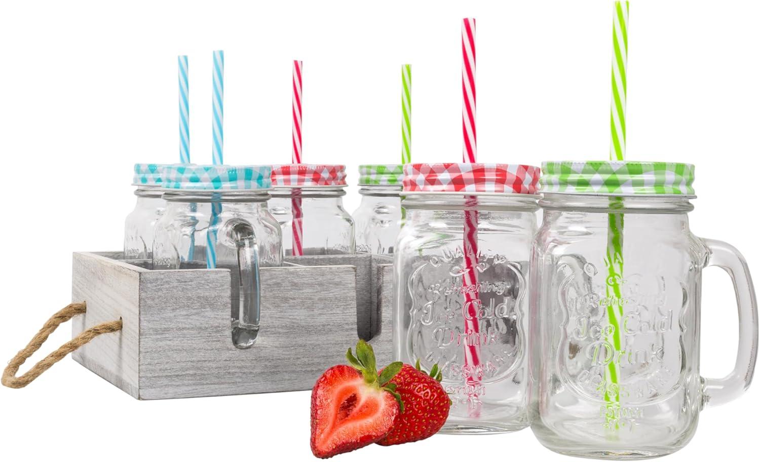 Deco Glass Drinking Mason Jar Cups with Handle & Wooden Carrier with Reusable Straws  Lids & Handles Set of 6  16oz