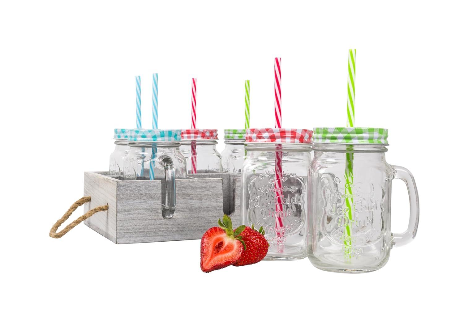 Deco Glass Drinking Mason Jar Cups with Handle & Wooden Carrier with Reusable Straws  Lids & Handles Set of 6  16oz
