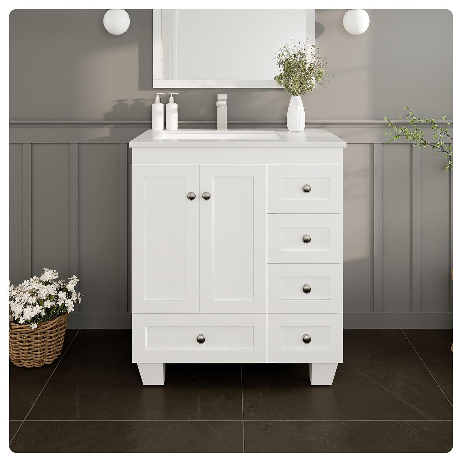 Eviva Happy 28"W x 18"D White Bathroom Vanity with White Carrara Quartz Vanity Top and Rectangular Undermount Sink
