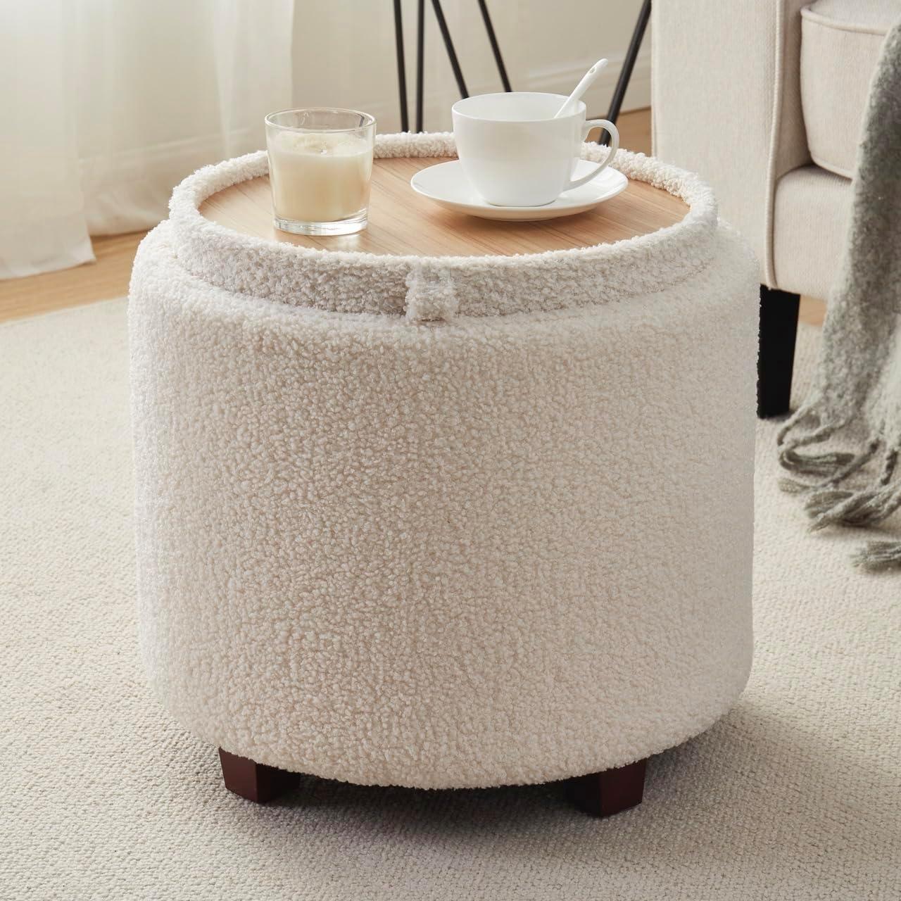 Ornavo Home Lawrence Round Storage Ottoman with Table Top Lid - Linen Beige