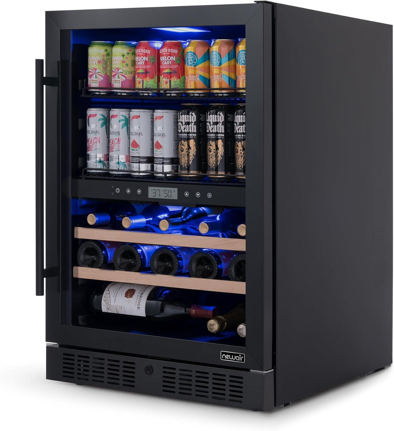 Newair 24" Built-in Dual Zone Wine and Beverage Refrigerator 24 Bottles & 100 Cans, Black Stainless Steel, Drinks and Wine Combination Fridge