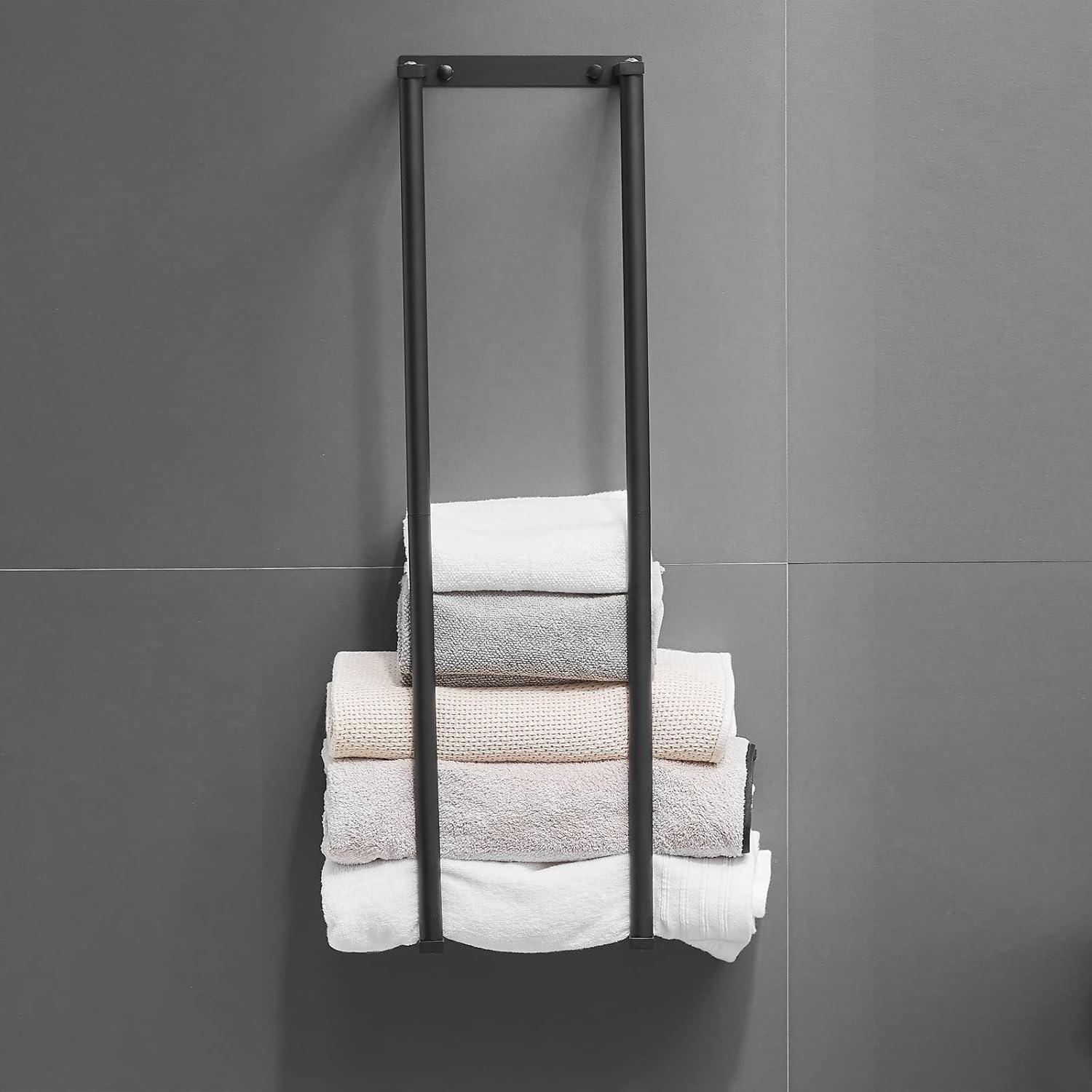Towel Racks for Bathroom, NEWRAIN Rolled Towel Storage Wall Mounted Bath Towel Holder for Folded Large Towel Washcloths, Bathroom Organizing Matte Black