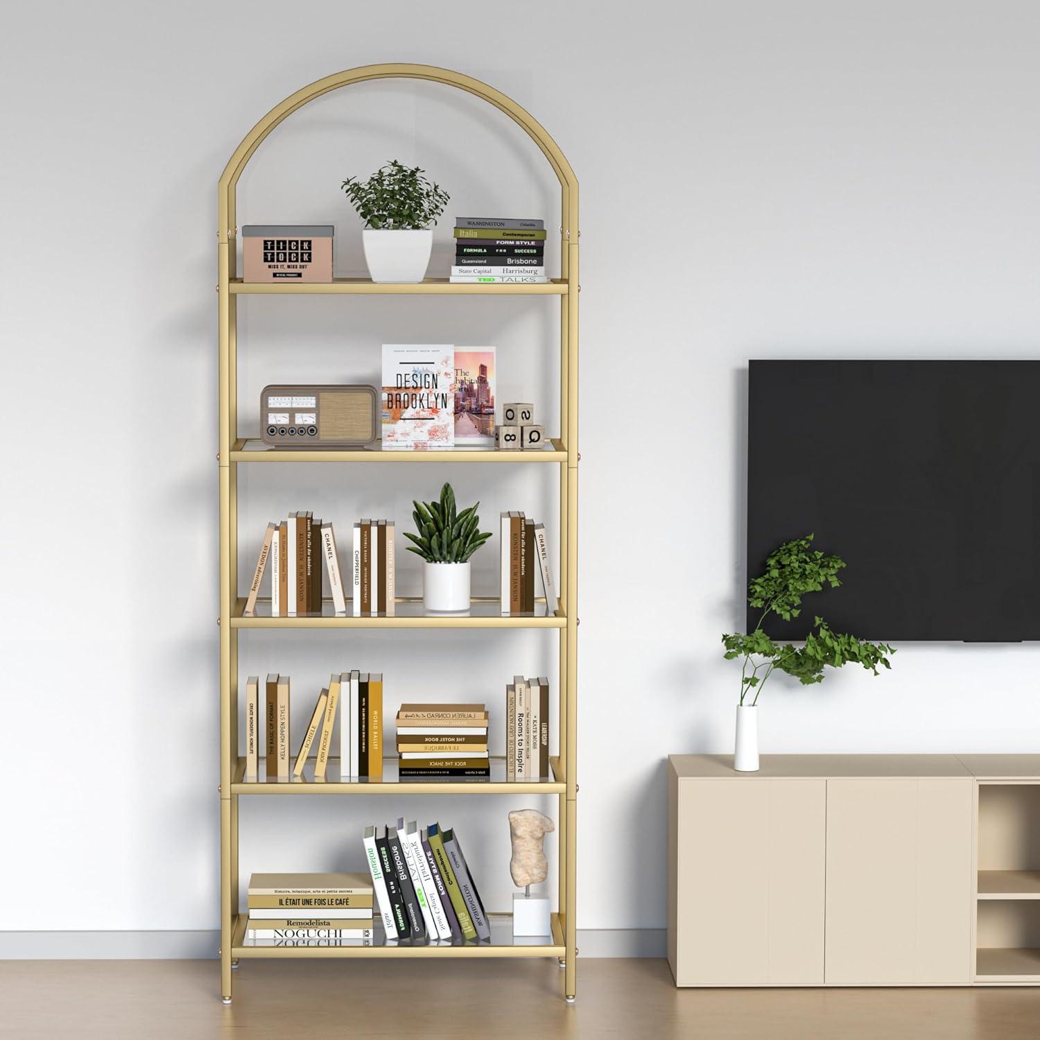 5 Tier Gold Bookshelf, Modern Storage Organizer Shelf, Metal Bookcase Stand for Office, Bedroom Kitchen Living Room