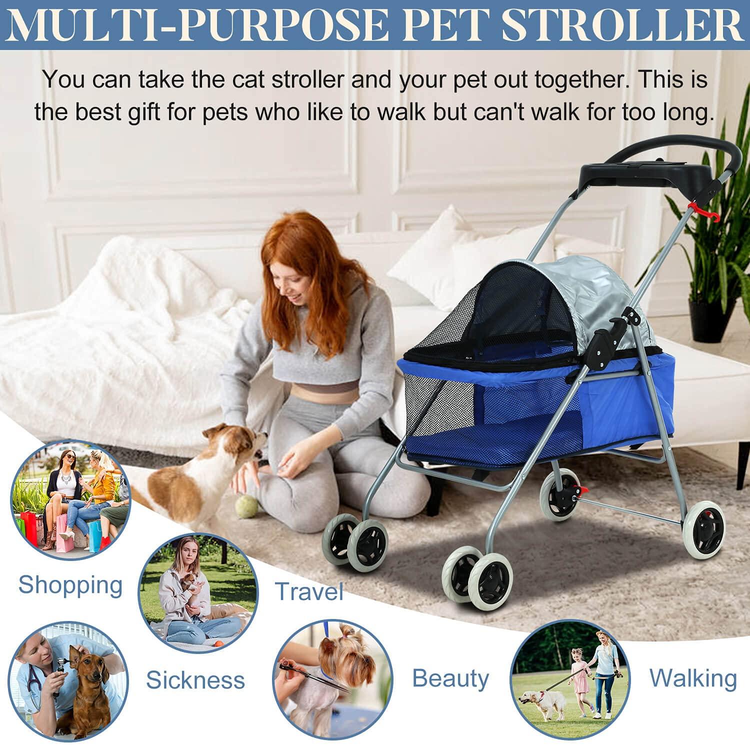 FDW 4 Wheels Pet Stroller Cat Dog Stroller Portable Folding Travel Carrier Strolling Cart Waterproof with Storage Basket,Mesh Windows, Yellow Plaid