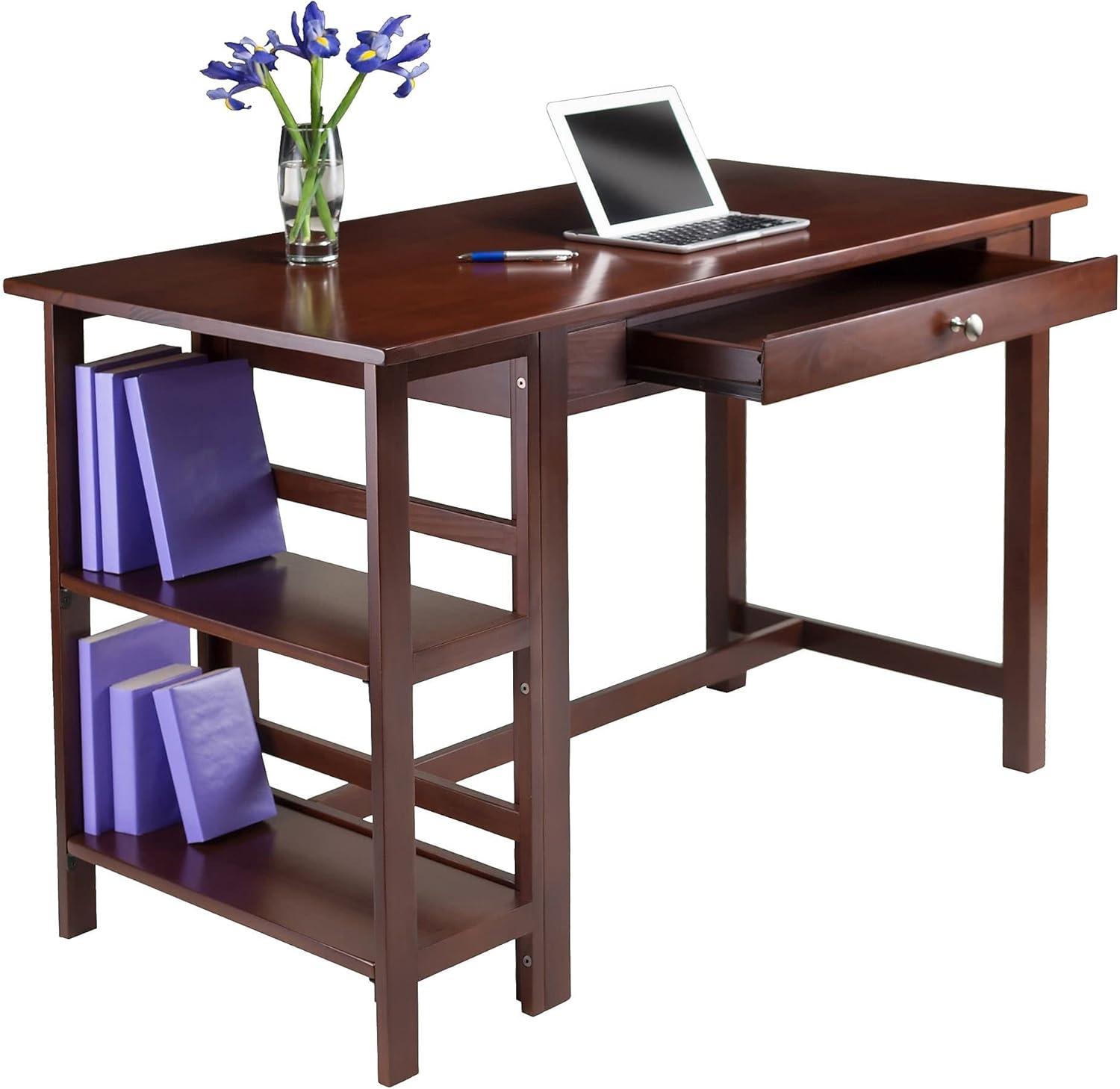 Velda Writing Desk Walnut - Winsome: Hardwood & MDF, Side Shelves, Modern Style