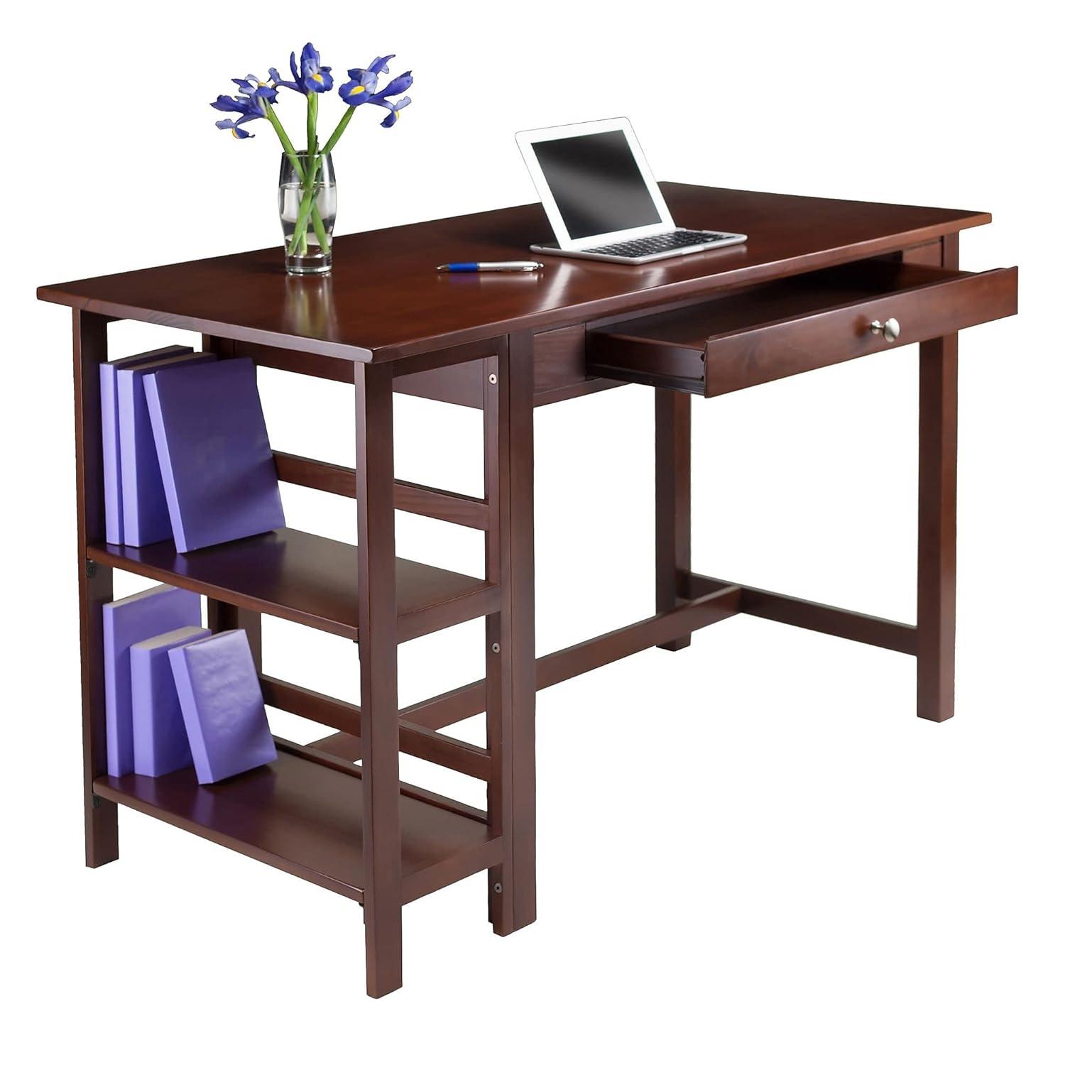 Velda Writing Desk Walnut - Winsome: Hardwood & MDF, Side Shelves, Modern Style