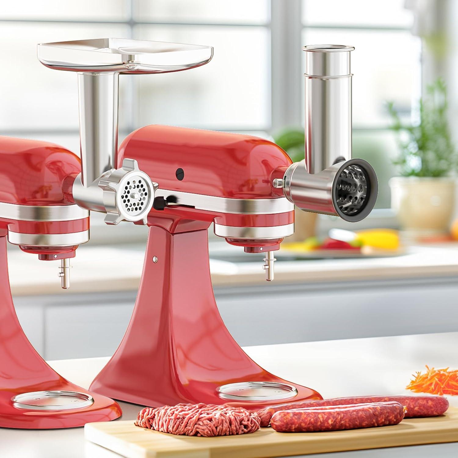 Meat Grinder & Stainless Steel Slicer Shredder Attachment for KitchenAid Stand Mixer, Includes Metal Food Grinder Attachment with Sausage Stuffer Tubes and Salad Machine Accessory by InnoMoon