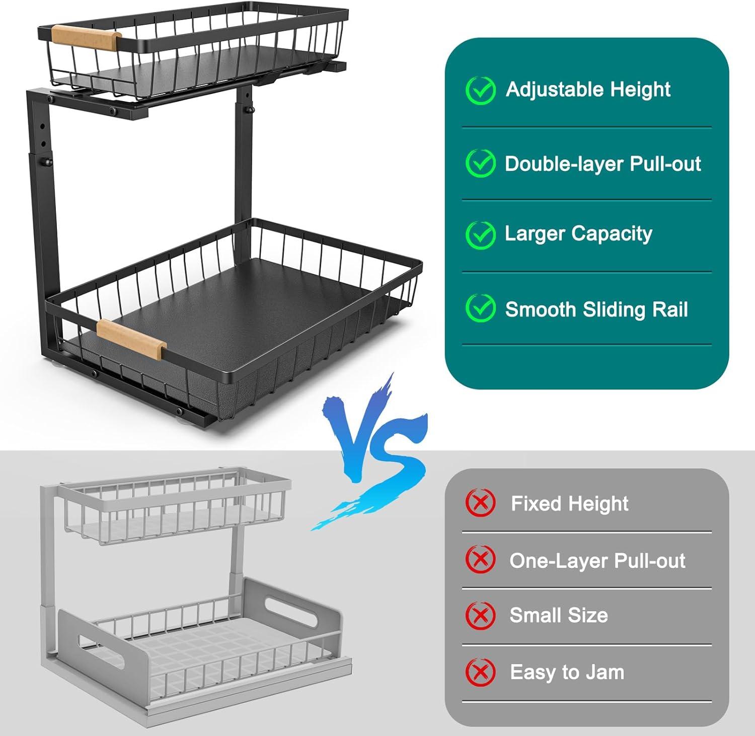 Sink Organizer, 2 Pack 2 Tier Sink Organizer and Storage, Slide-Out Pull-Out Cabinet Organizer, Sliding Metal Drawer for Home Kitchen, Bathroom, Pantry