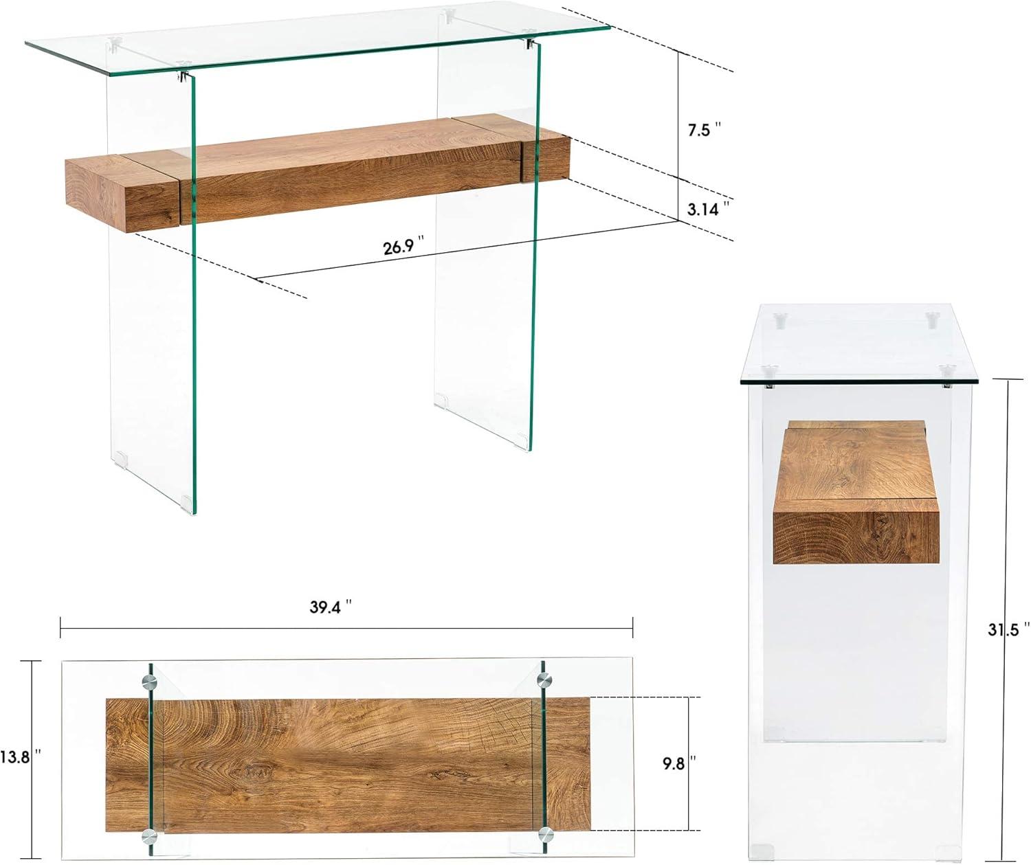 Sleek Dark Brown Glass-Top Console Table with Storage, 39.4"