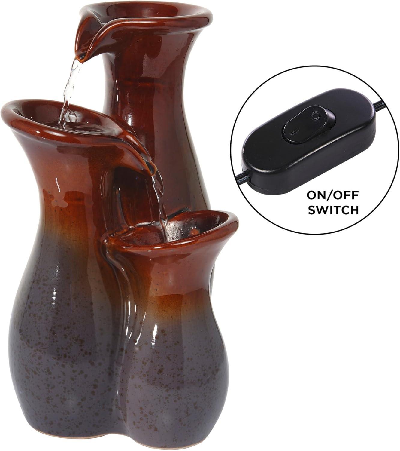 Alpine Corporation 11"H Indoor Tiered Glossy Ceramic Vase Tabletop Fountain, Brown/Gray