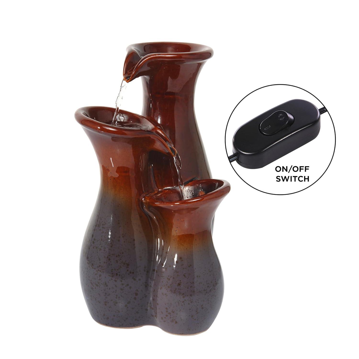 Alpine Corporation 11"H Indoor Tiered Glossy Ceramic Vase Tabletop Fountain, Brown/Gray