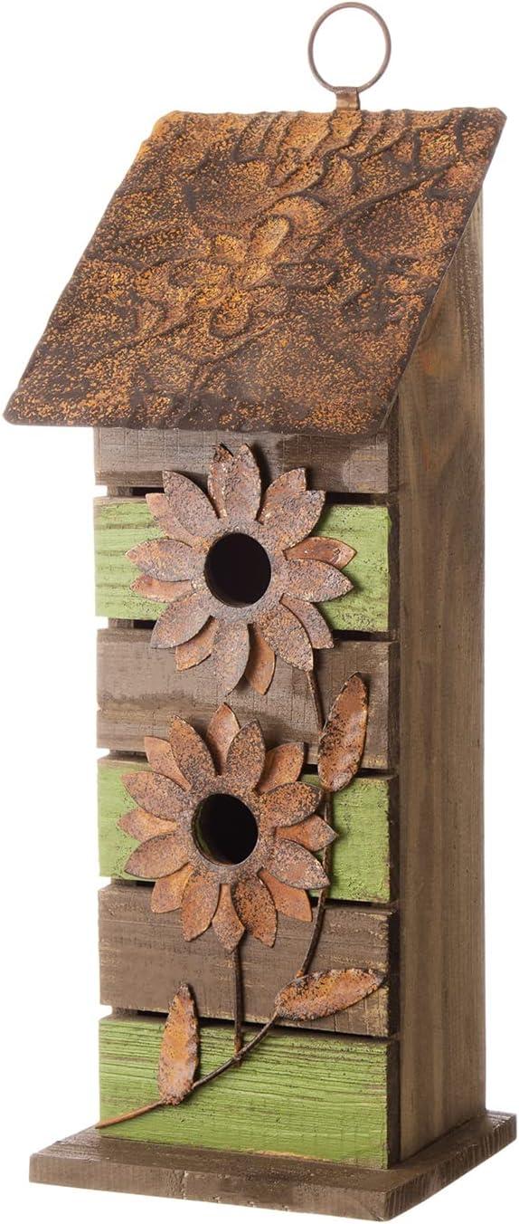 Rustic Two-Tiered Wooden Birdhouse with Metal Flowers