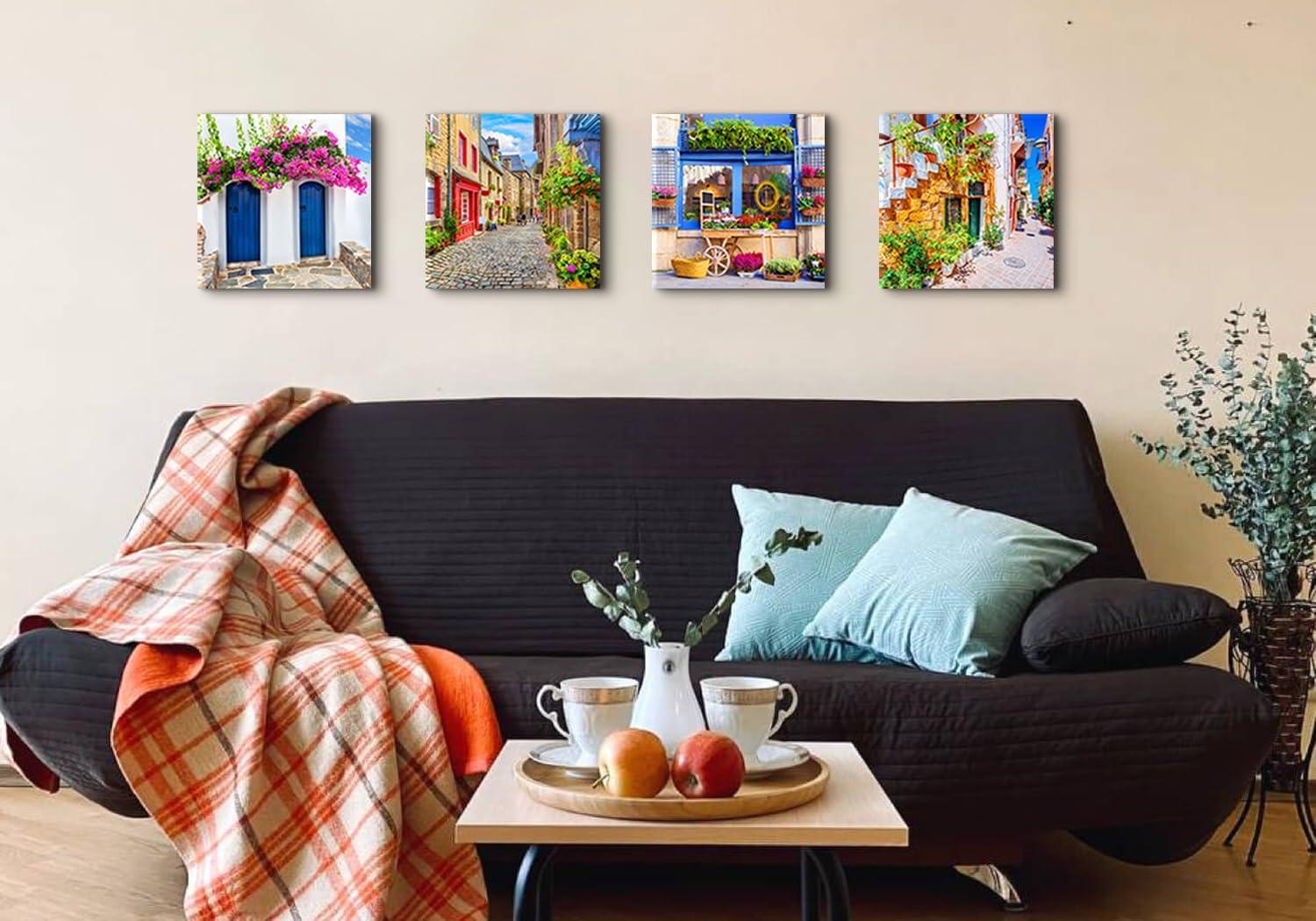 Italy Tuscan Wall Art, Colorful Nature Scenic Framed Pictures Canvas Prints, Modern Town Street Artwork Paintings for Living Room, Bedroom, Office Wall Decor