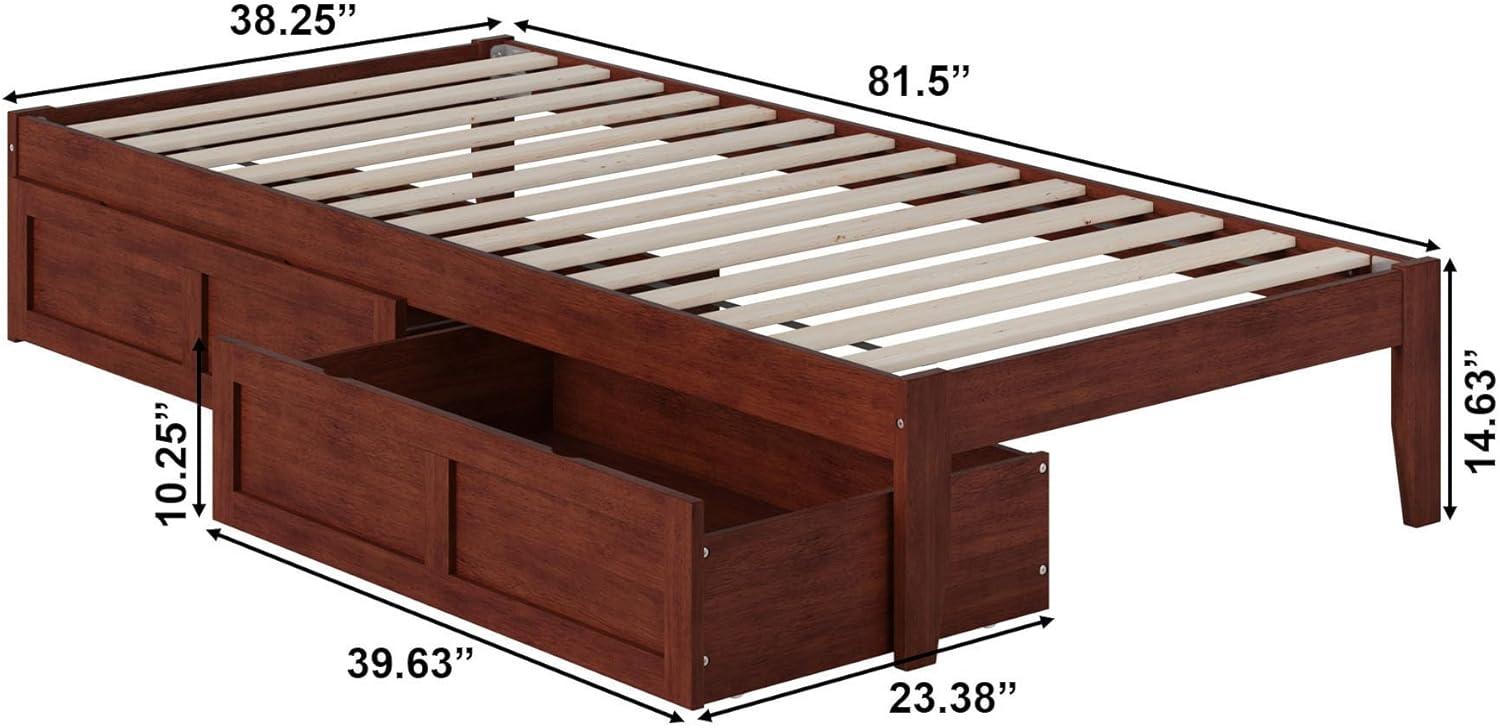 Symmetrical Twin XL Walnut Bed with USB Charger and Storage Drawers