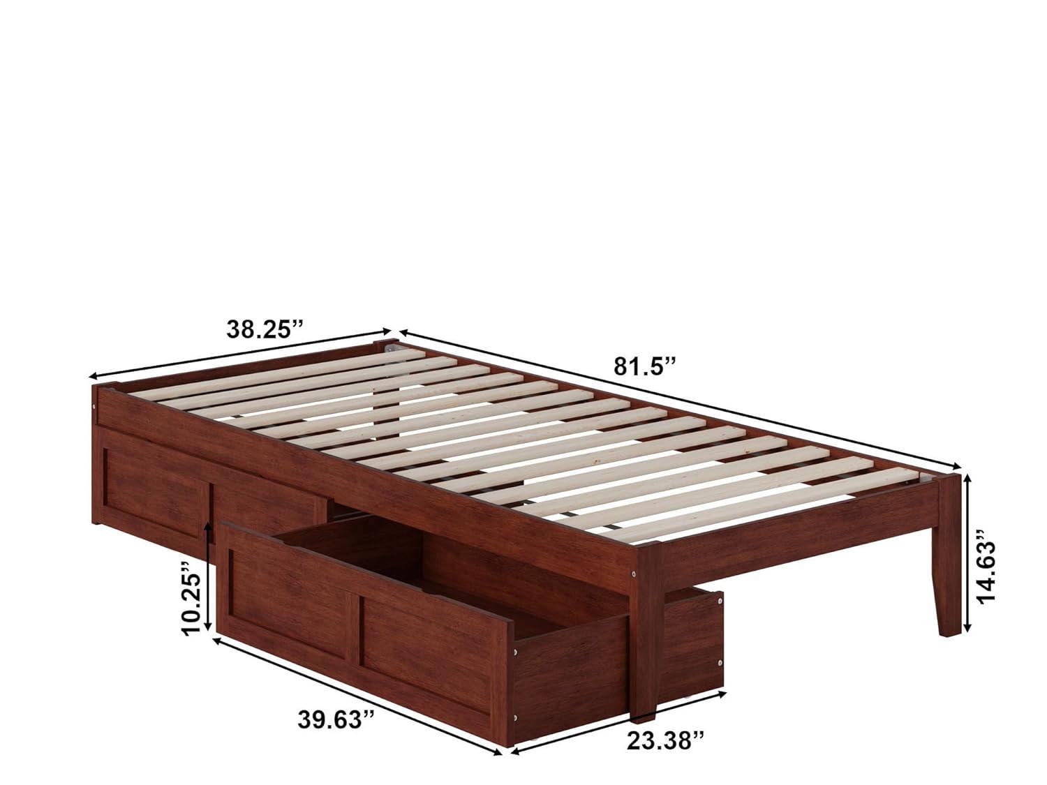 Symmetrical Twin XL Walnut Bed with USB Charger and Storage Drawers